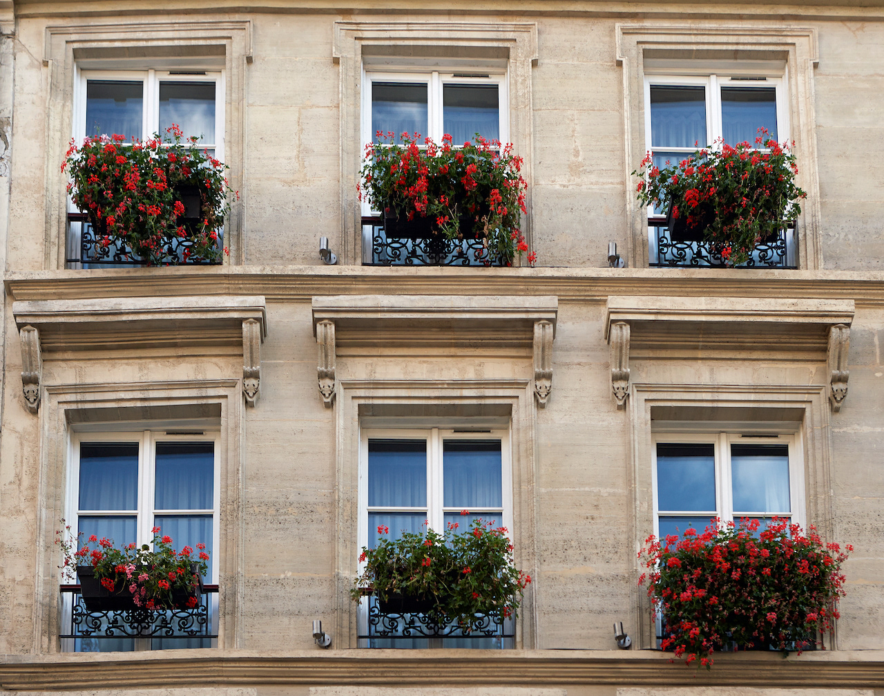 alt=“Paris window flower boxes in Le Marais photography Bruno Gaget”