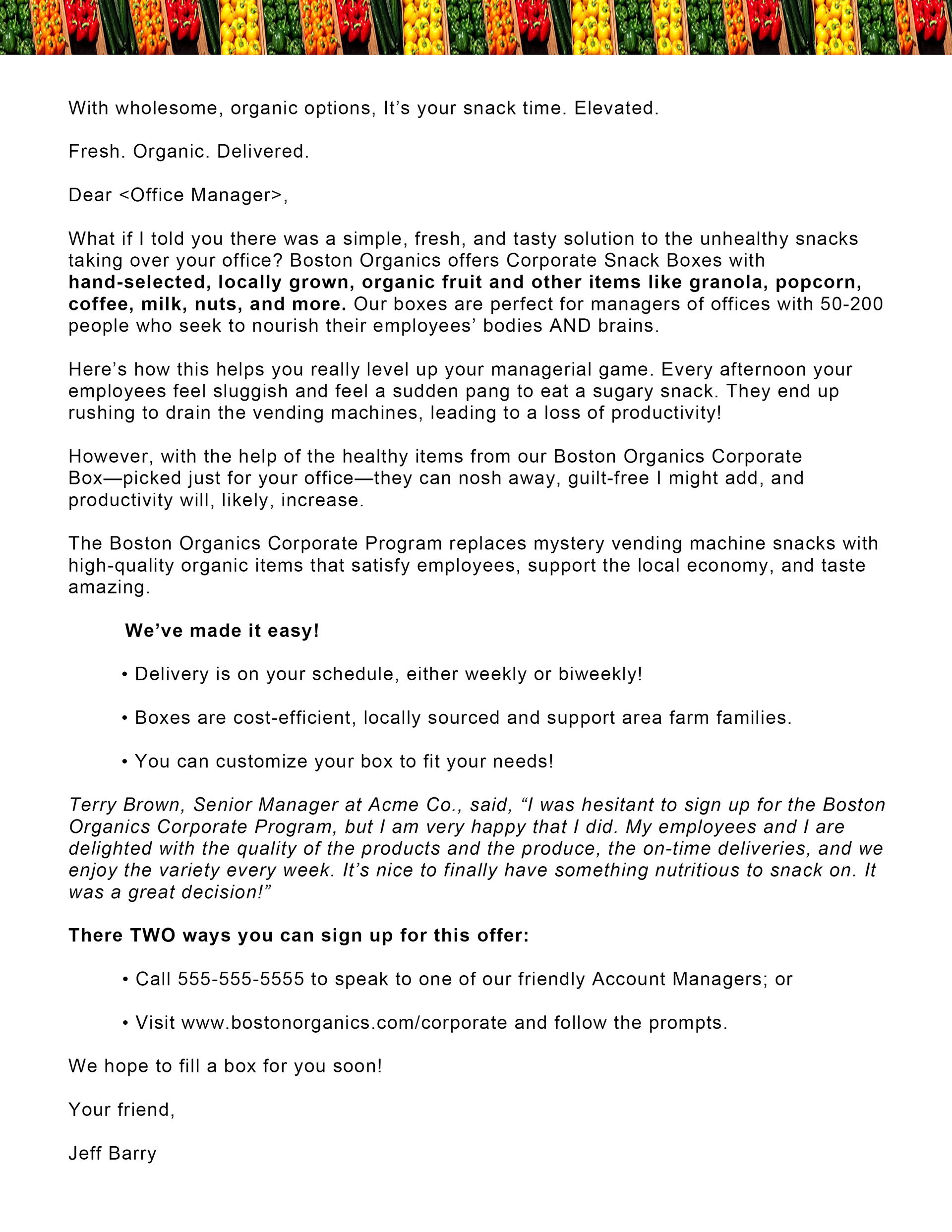 Sales Copy for Boston Organics