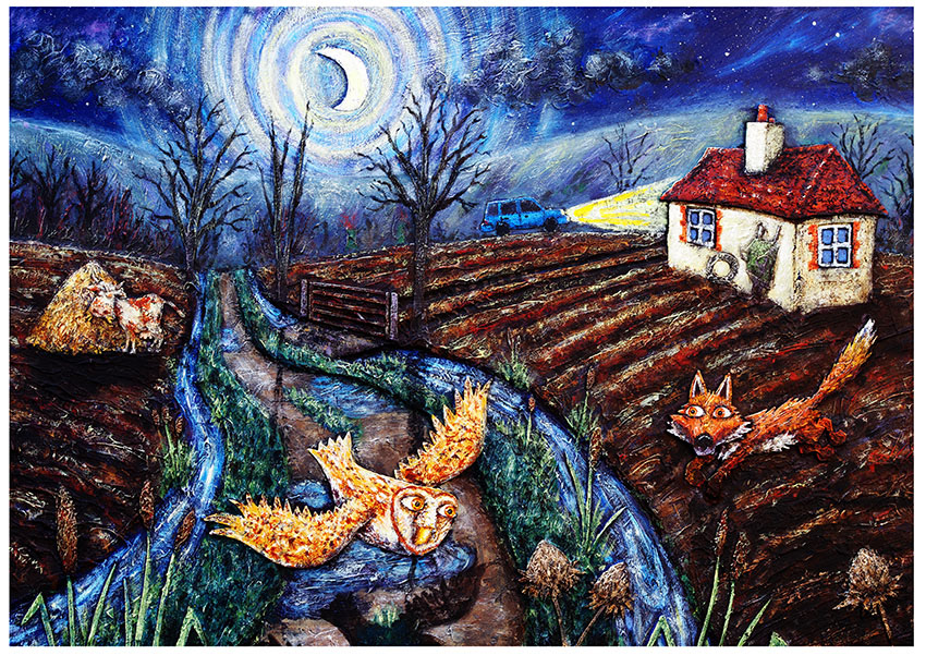 The fox runs across a ploughed field, an owl swoops low. Contemporary painting, night scene with lots of blues