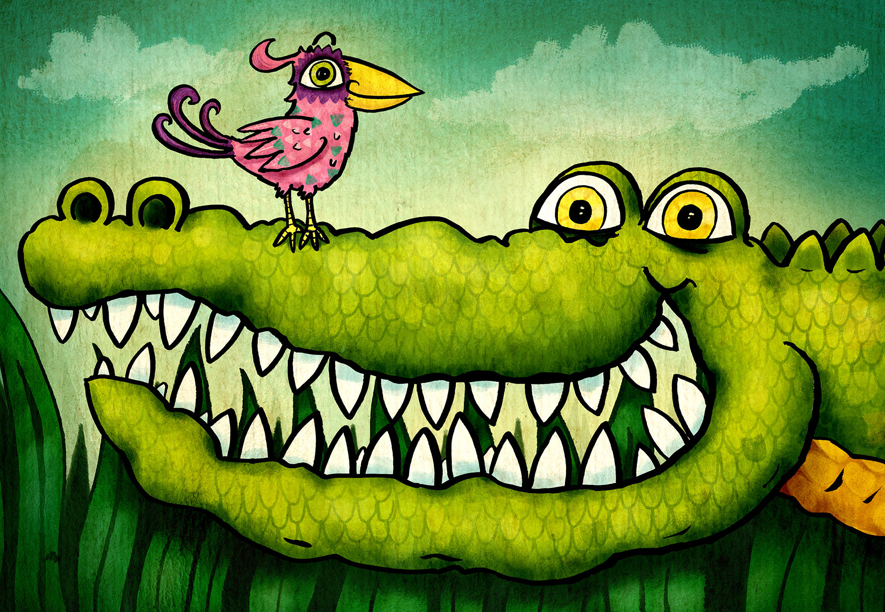 happy crocodile illustration with cheerful bird