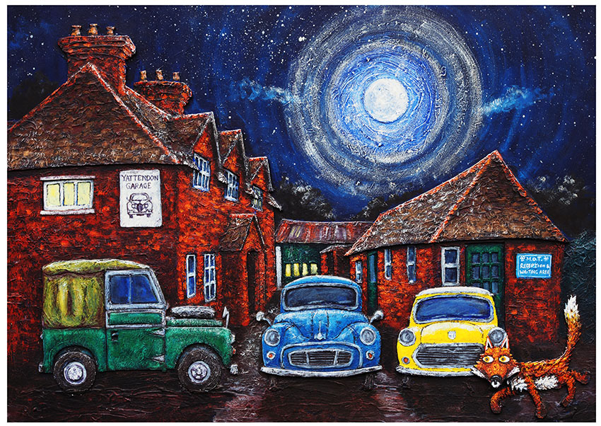 The fox walks past a rural garage with classic cars parked outside; a mini, a morris minor and a land rover series 1