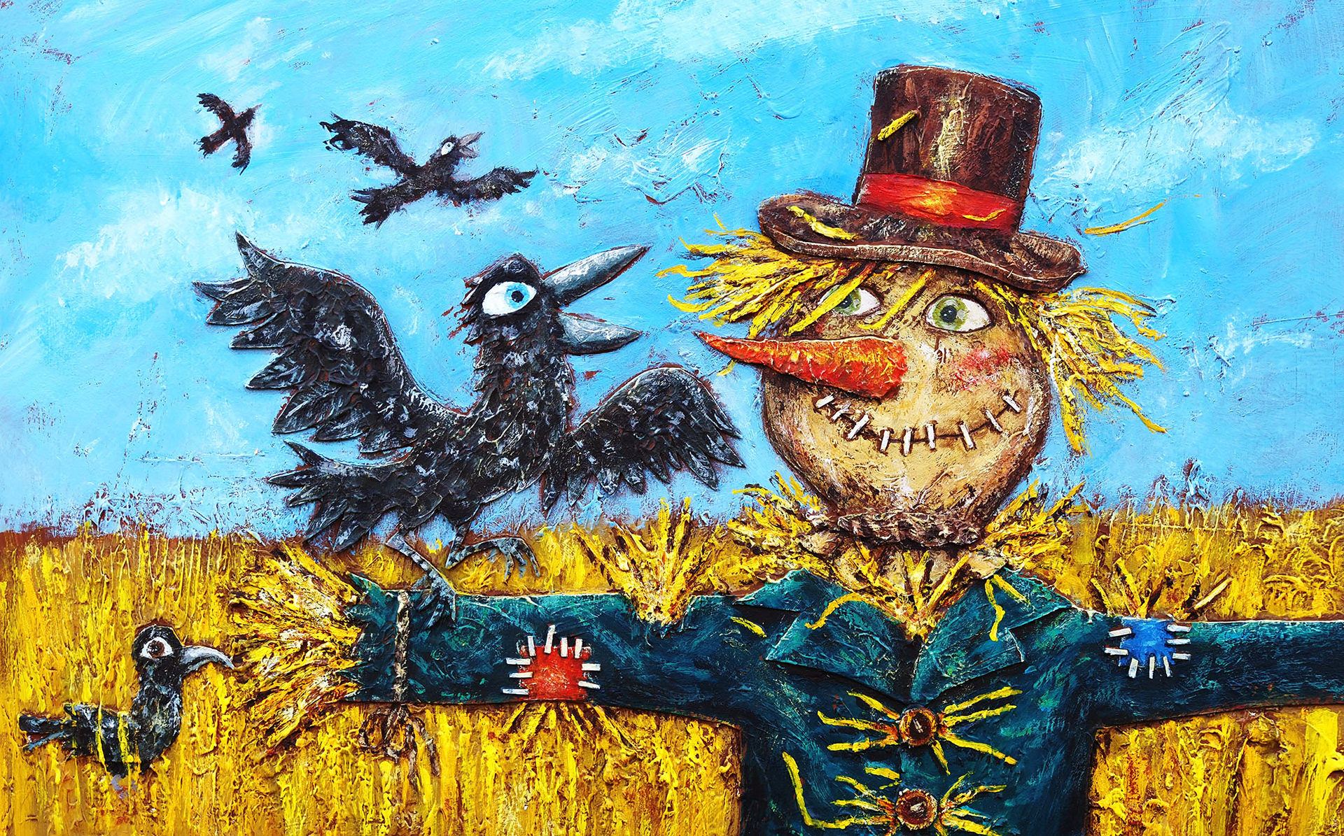 Illustration of a scarecrow with angry crows