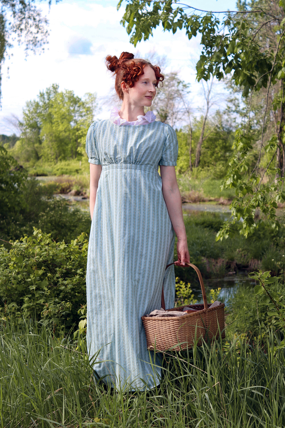 1810s cotton regency bib-front dress. Extra effort was put into the pattern matching of the print of the gown fabric.
