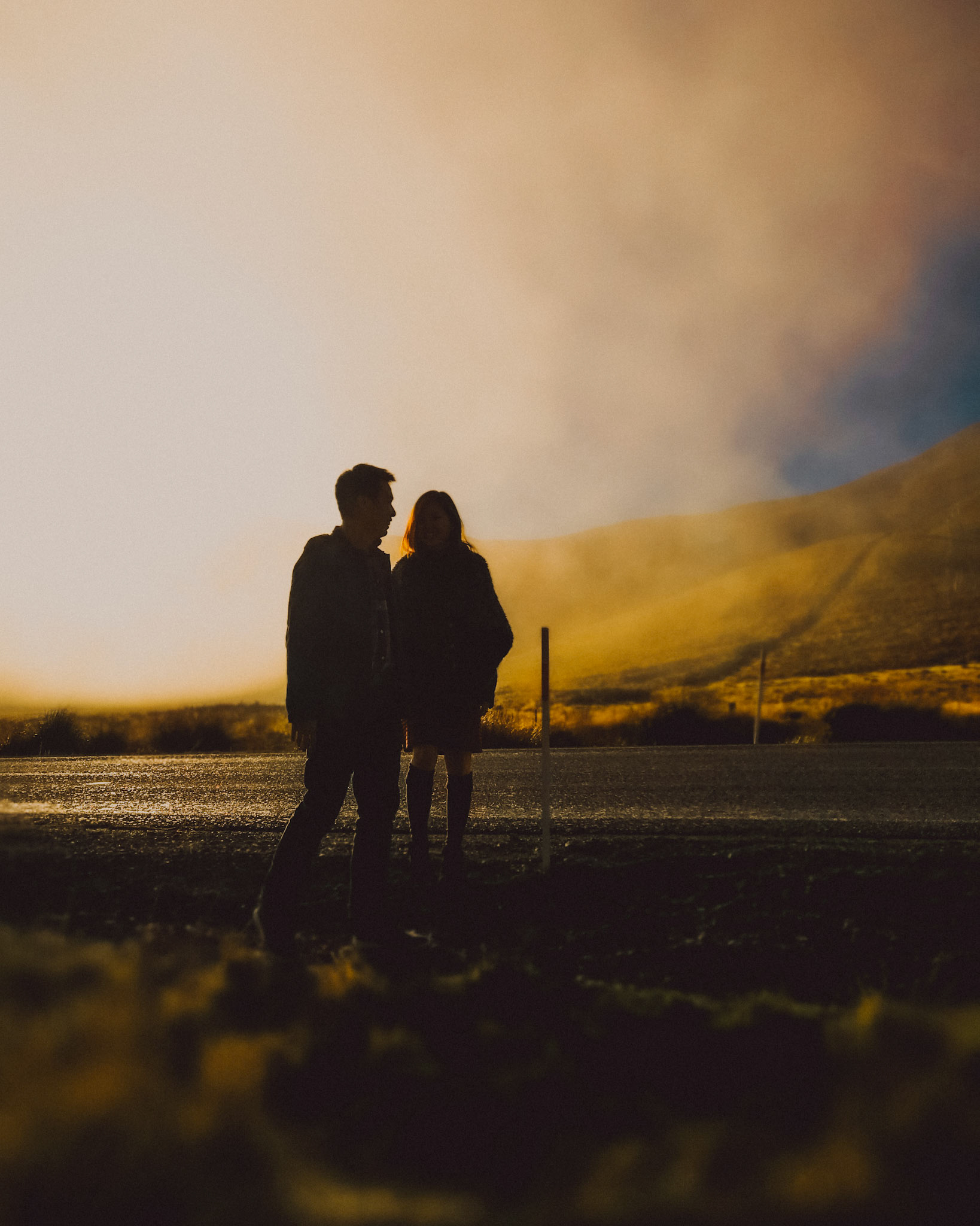 A couple in a foggy freeway beside Burkes Pass, Canterbury, New Zealand, June 2017, Huawei P10 Plus.