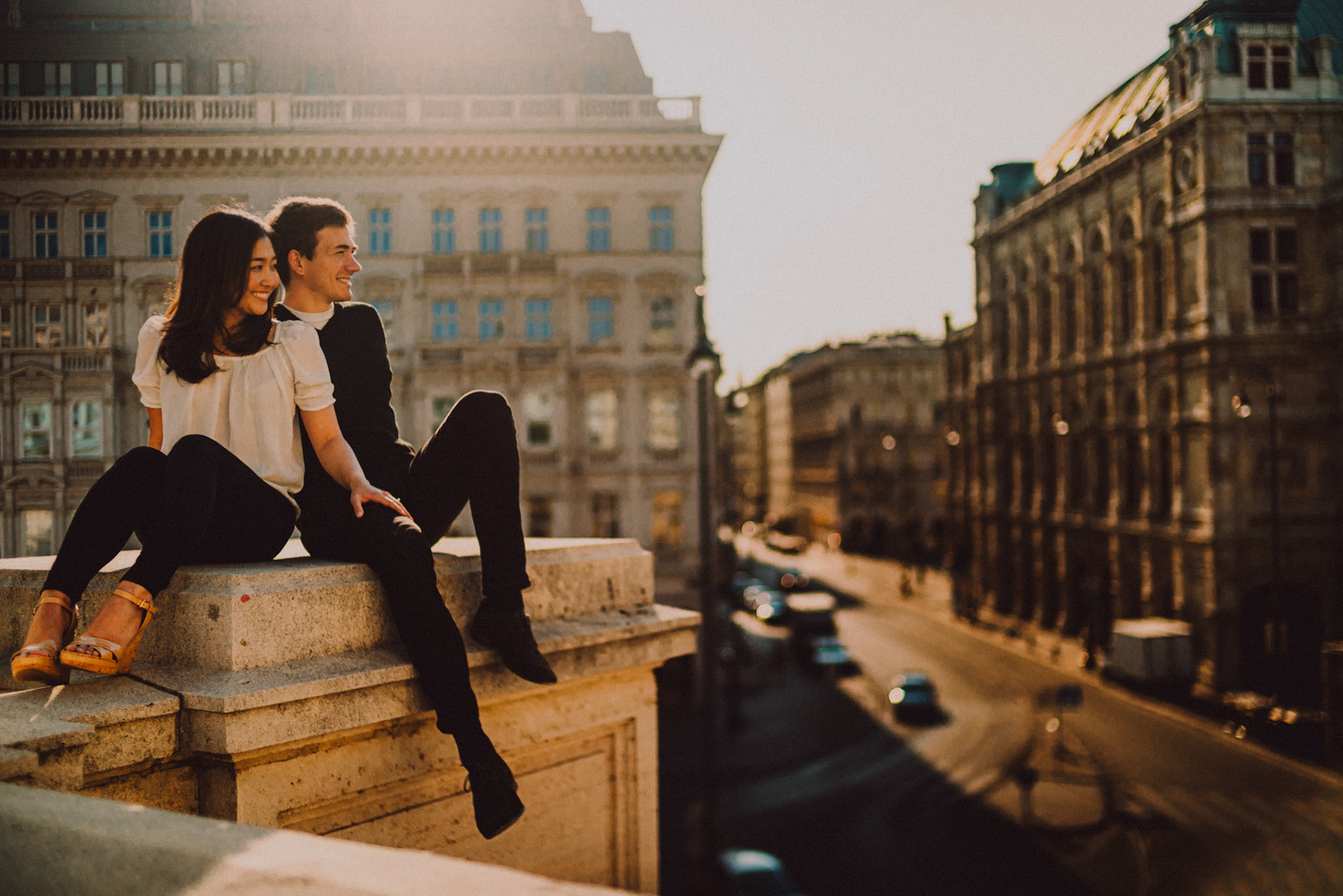 Casual destination engagement photos inspired by "Before Sunrise" movie locations, Albertina Museum with an overlooking view of Philharmoniker Straße, Innere Stadt, Vienna, Austria, August 2017, Sony A7RII.