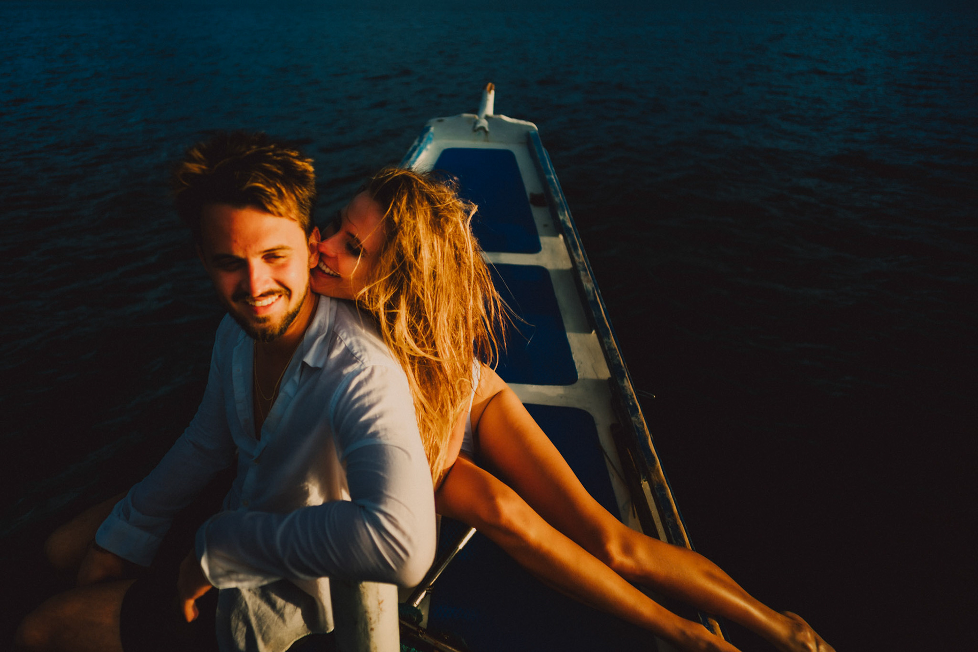 Bacuit Bay sunset cruise island hopping adventure couple portraits during golden hour,El Nido, Palawan, Philippines, Southeast Asia, December 2019, Sony A7III.