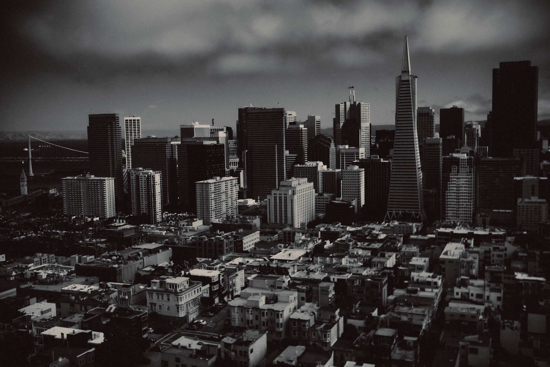 Black and white photo of the skyline of San Francisco's Financial District from Coit Tower, San Francisco, California, USA, June 2016, Leica M.