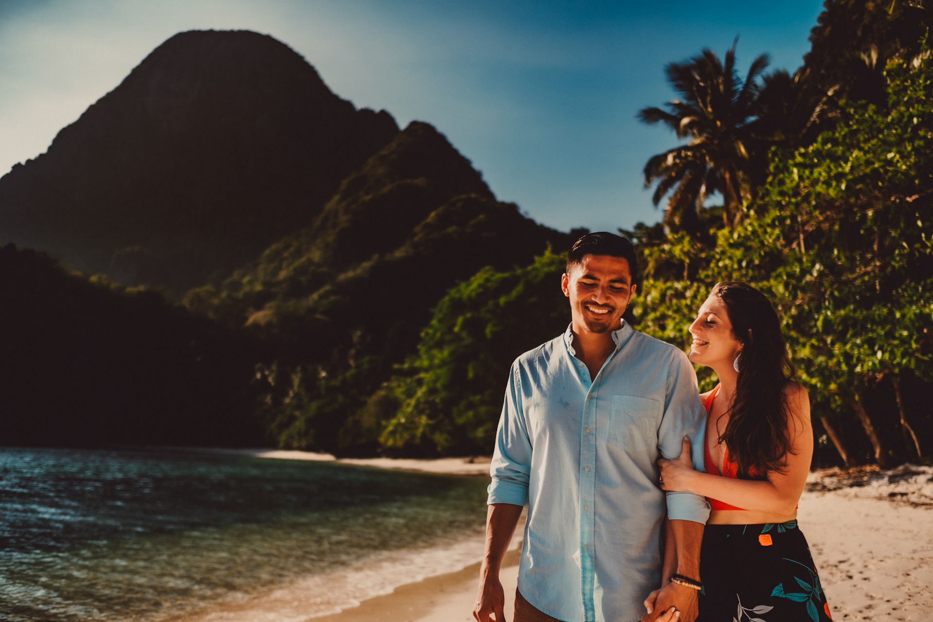 A couple walking side by side on a tropical beach, from Peter &amp; Alexis' adventure pre wedding photo shoot in El Nido, Palawan, Philippines, Southeast Asia, April 2018, Fuji XH1