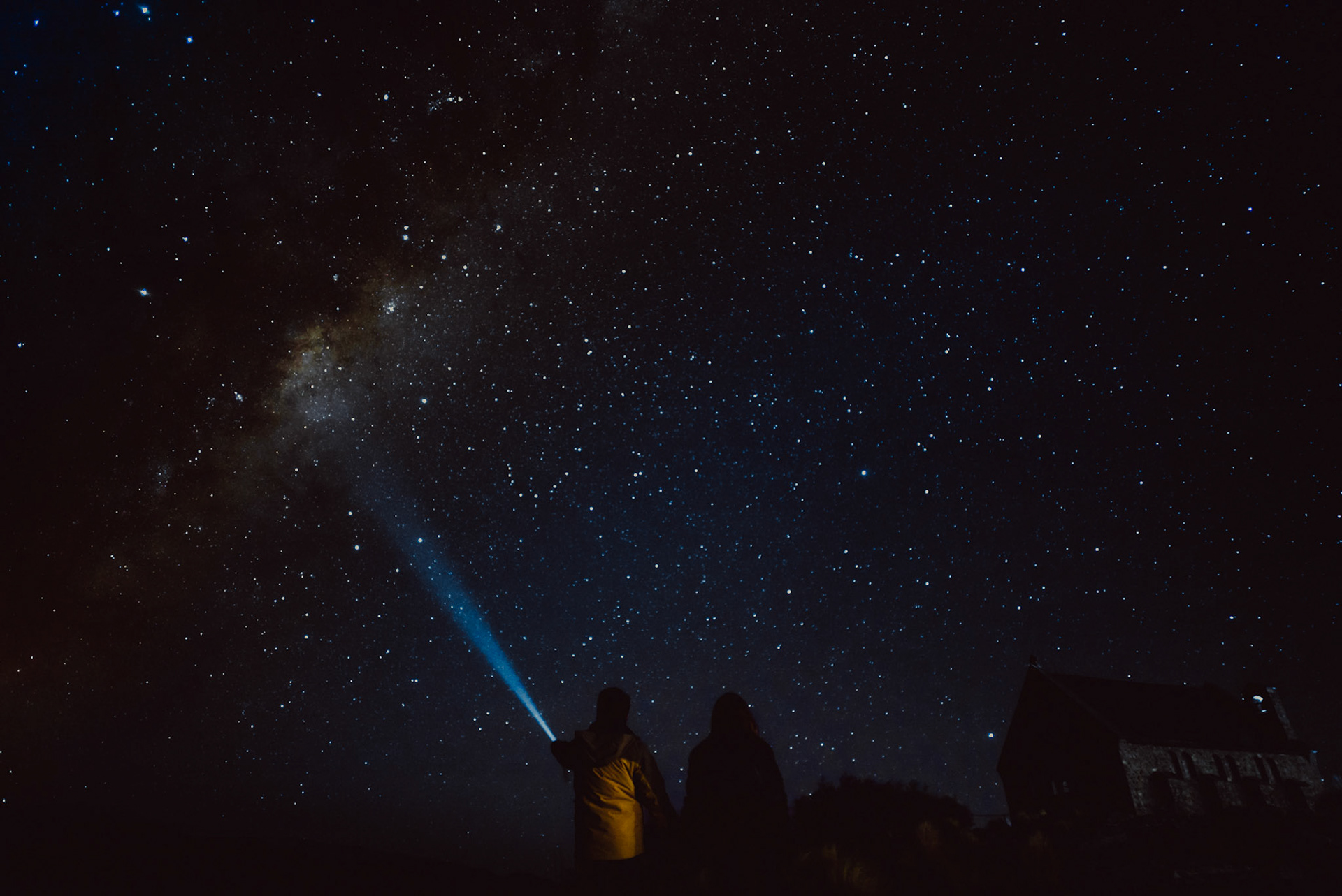 Couple photos and astrophotography with the Milky Way in front of the Church of the Good Shepherd Lake Tekapo, New Zealand, June 2017, Sony A7SII.