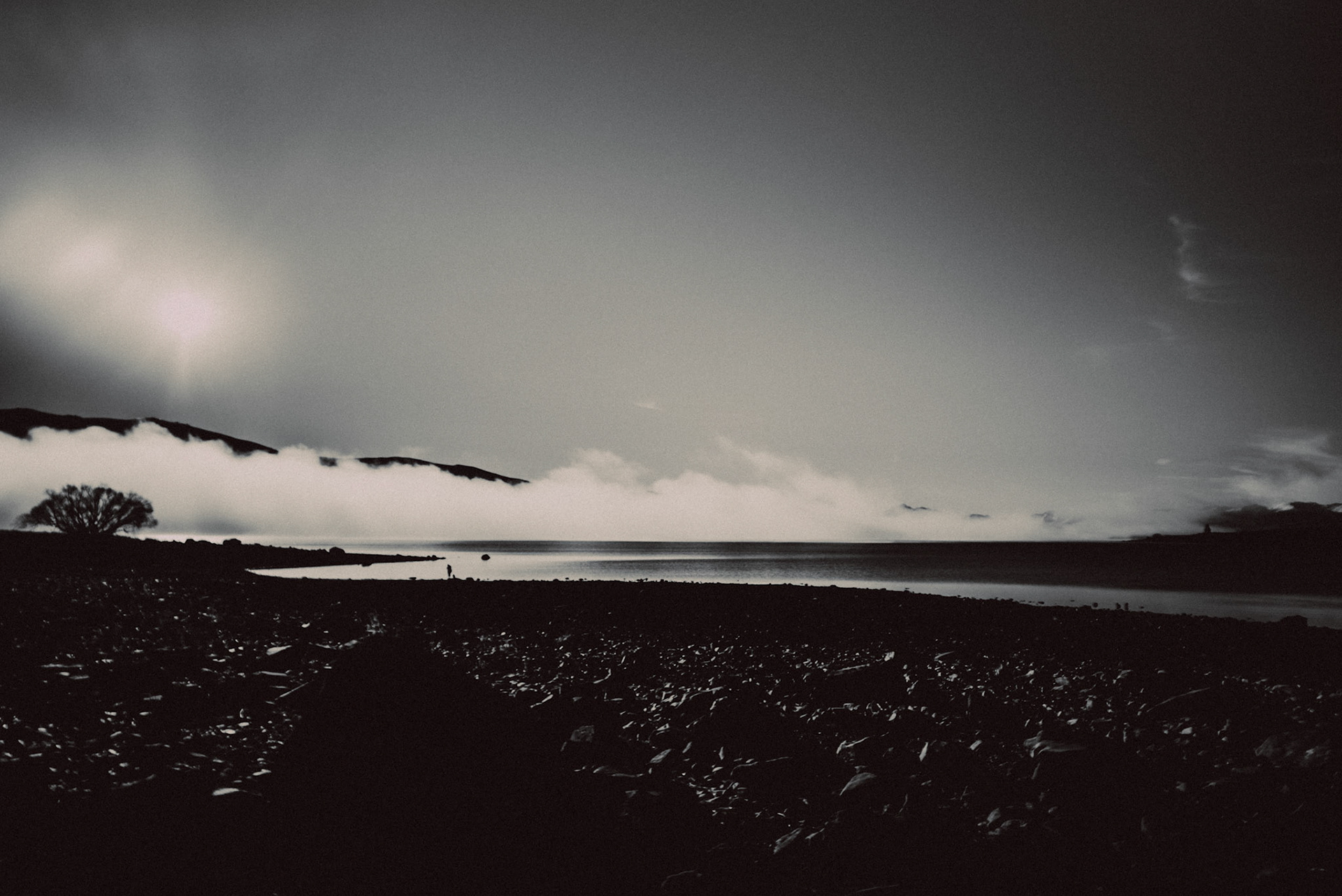 Foggy Lake Tekapo, in black and white, New Zealand, June 2017, Sony A7SII.