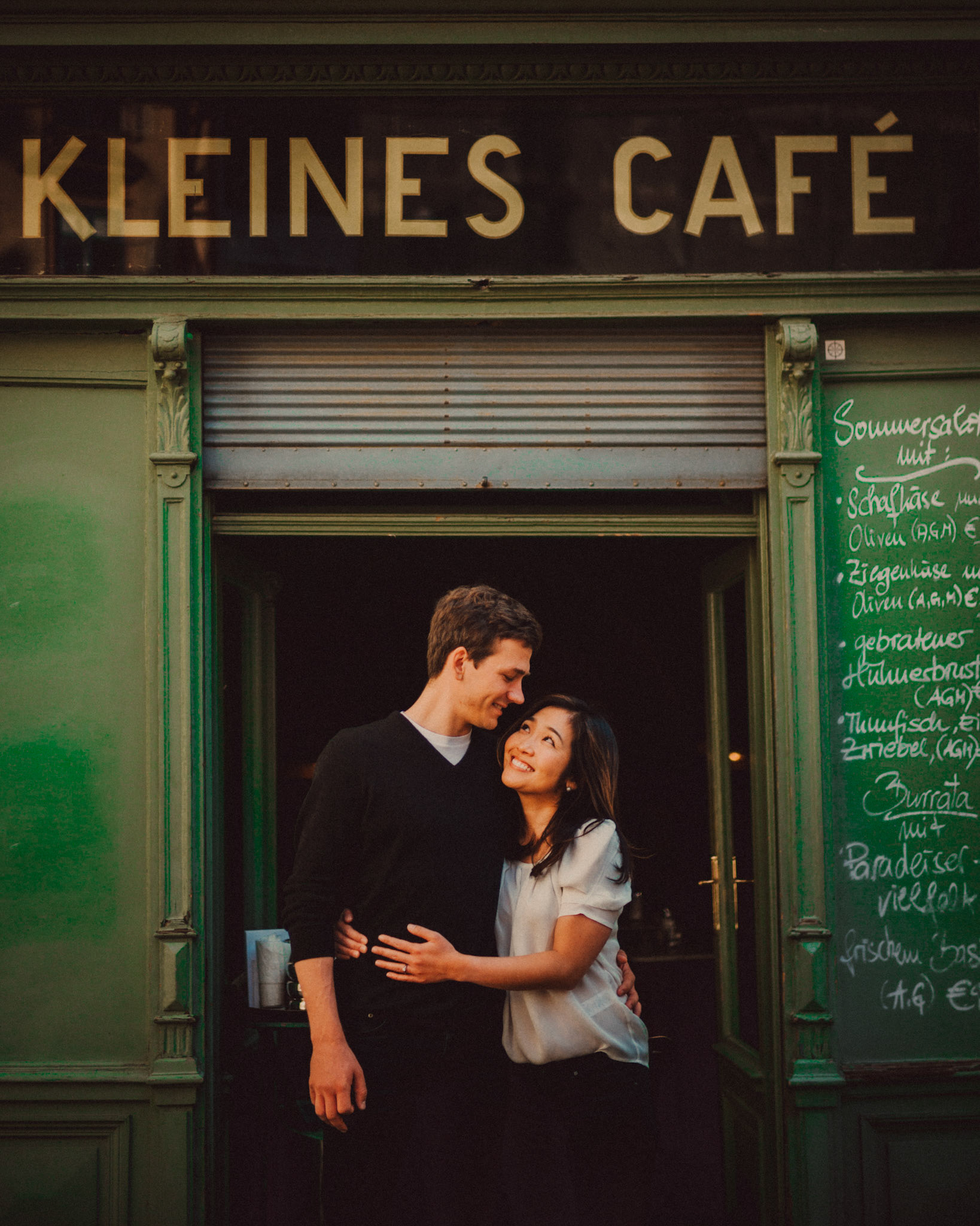Casual destination engagement photos inspired by "Before Sunrise" movie locations, Kleines Café, Innere Stadt, Vienna, Austria, August 2017, Leica M.