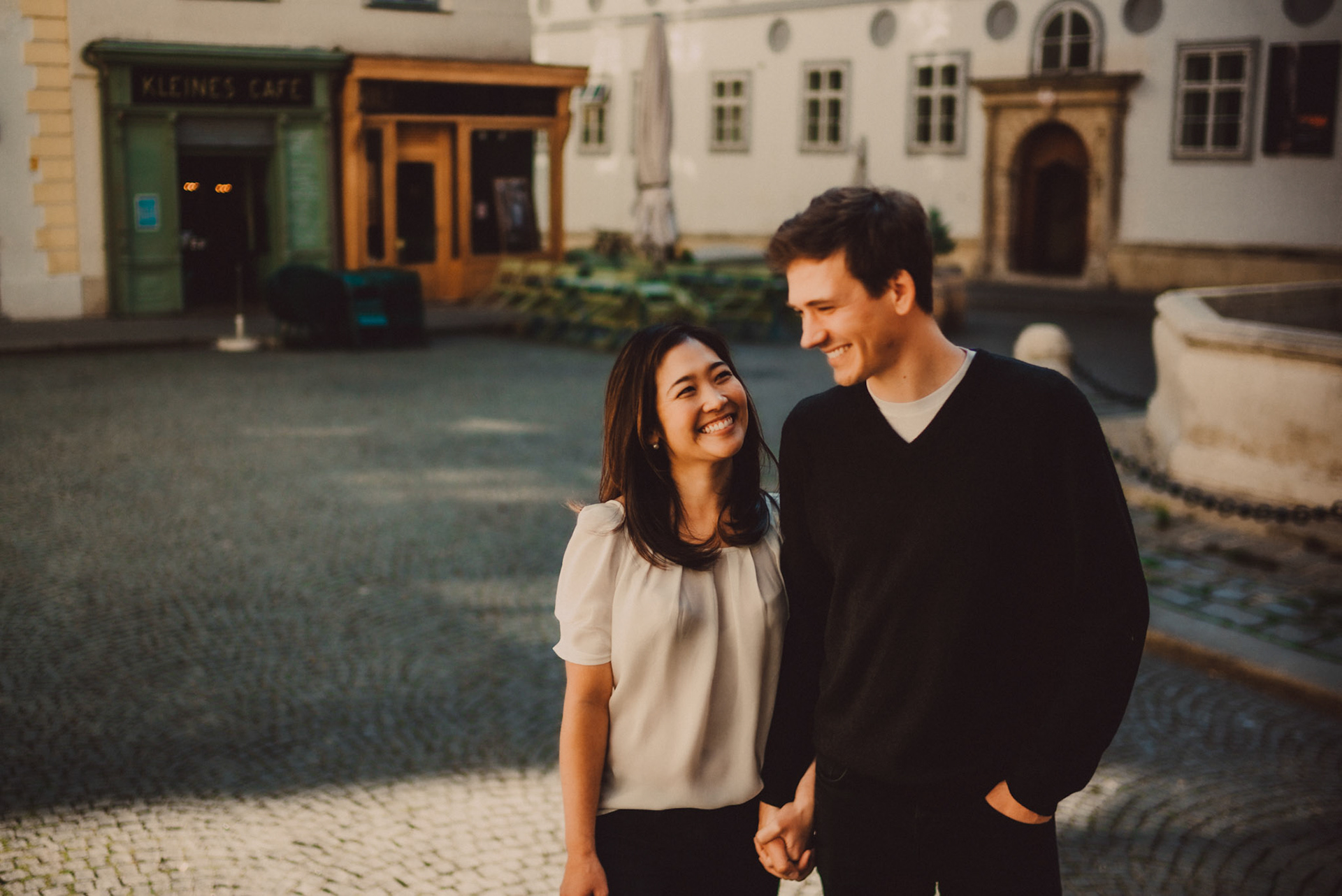 Casual destination engagement photos inspired by "Before Sunrise" movie locations, Kleines Café, Innere Stadt, Vienna, Austria, August 2017, Leica M.