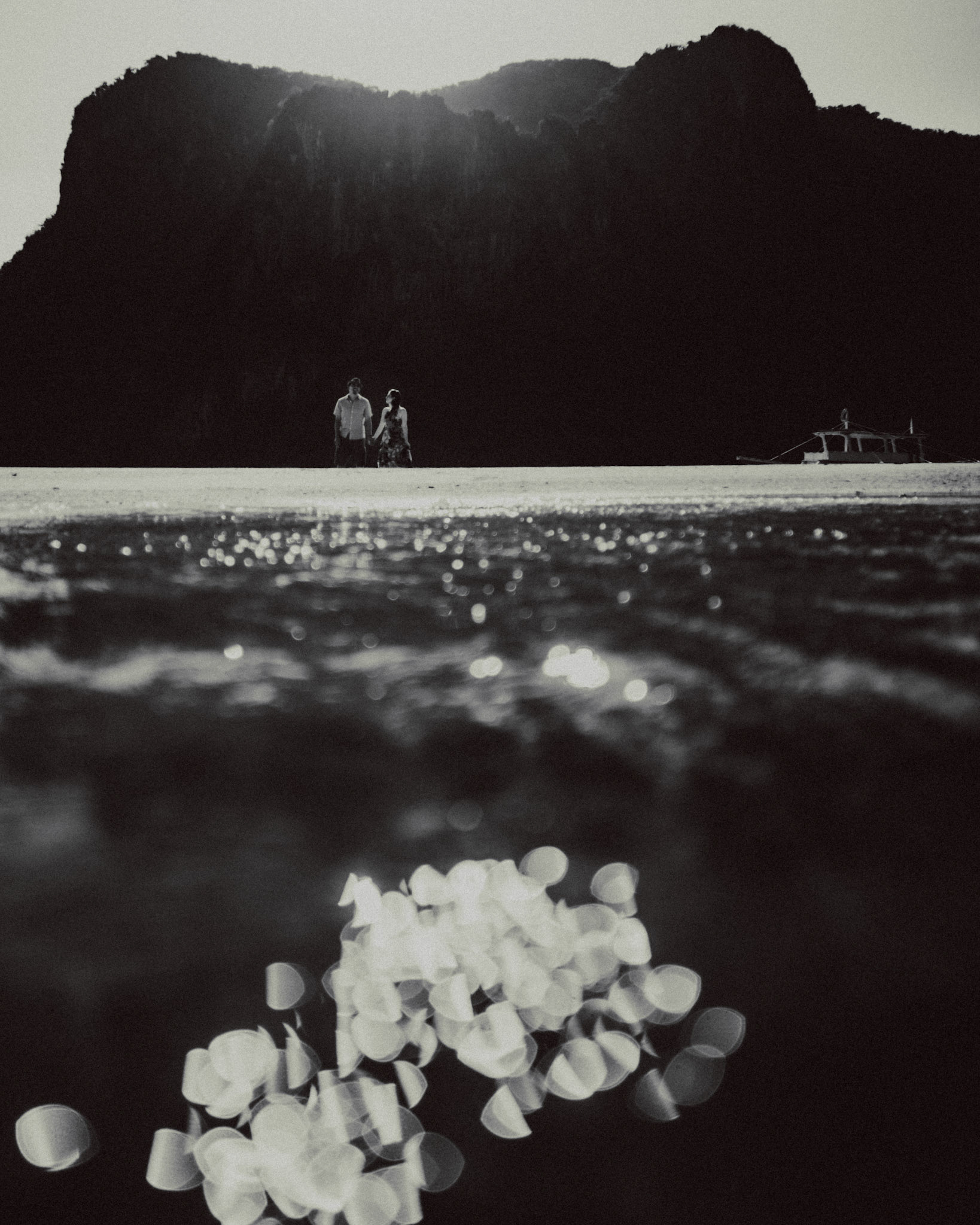 Artsy black and white couple photos on the sandbar behind Lagen Island, from Peter &amp; Alexis' adventure pre wedding in El Nido, Palawan, Philippines, Southeast Asia, April 2018, Sony A7SII