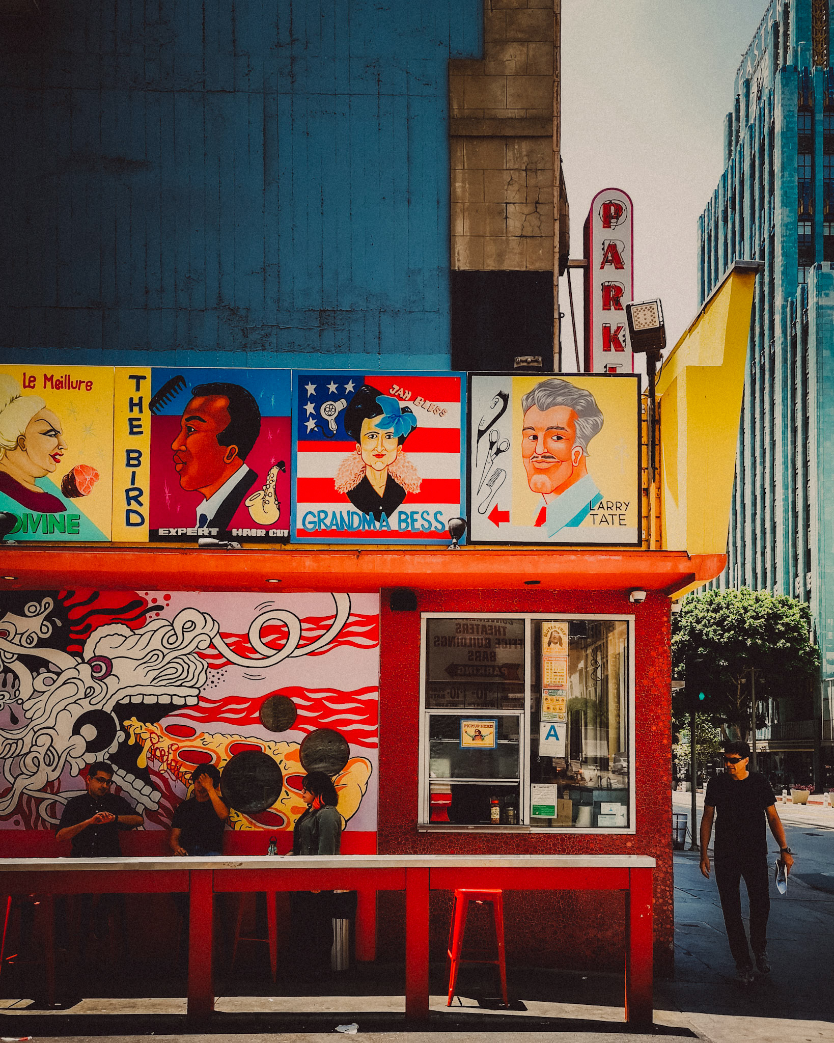 A colorful pizza restaurant, Downtown Los Angeles, California, USA, July 2018, Huawei P20 Pro.