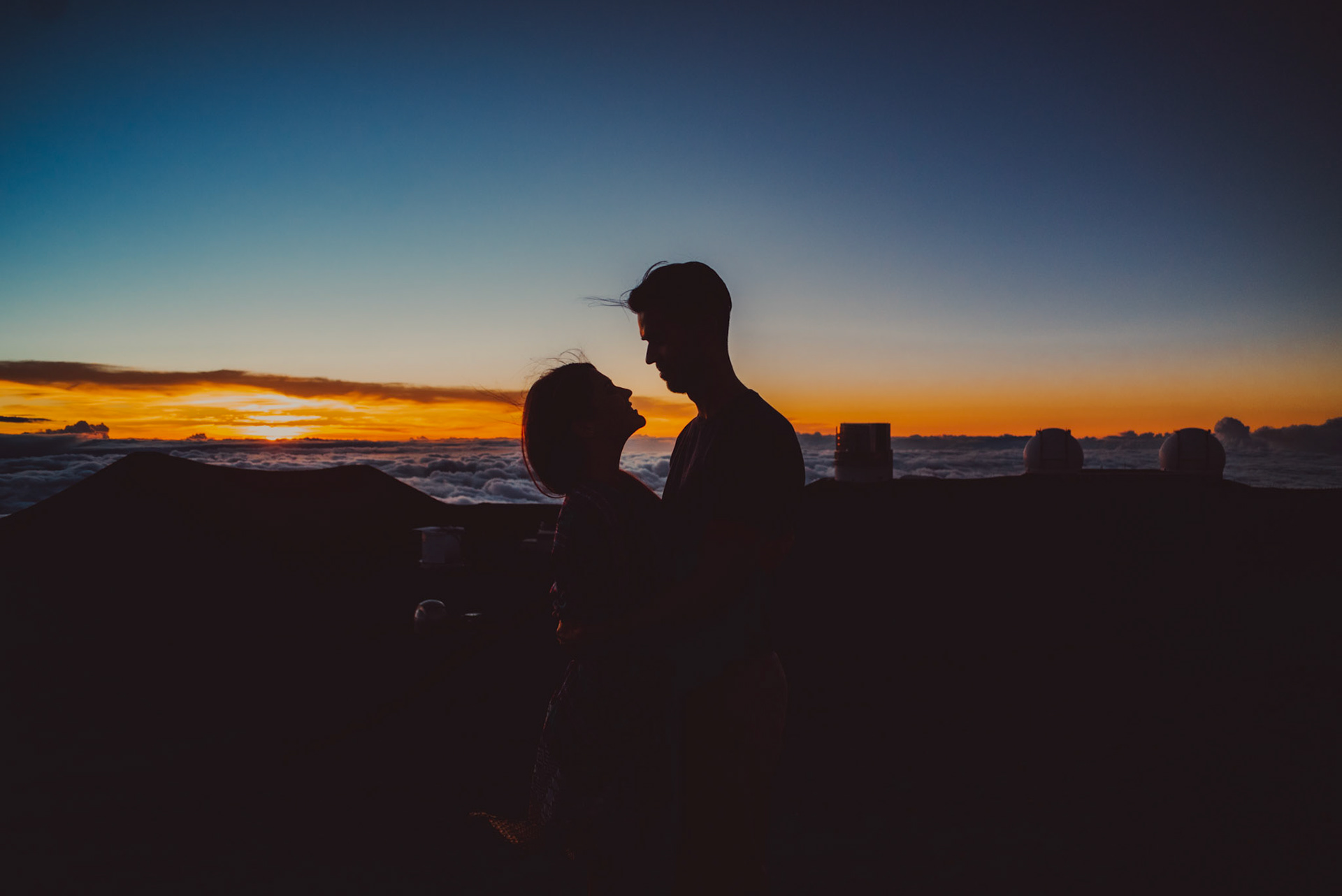 Couple portraits at dusk at Mauna Kea Observatories, from Ryan and Angela's adventure pre wedding photoshoot in Hawaii, USA, September 2015, Sony A7S.