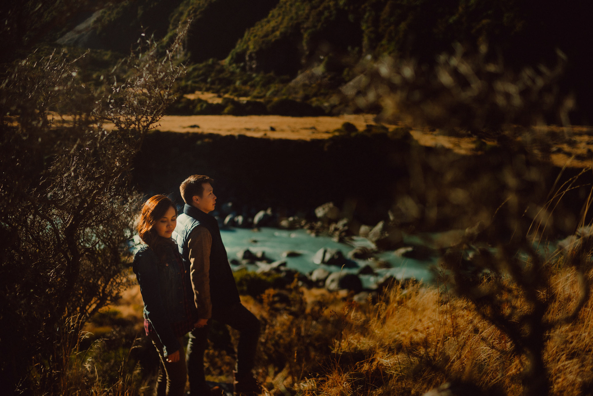 Moody pre-wedding portraits beside a river, Hooker Valley Track and Lake Muller Lookout in Aoraki Mount Cook National Park, New Zealand, June 2017, Leica M.