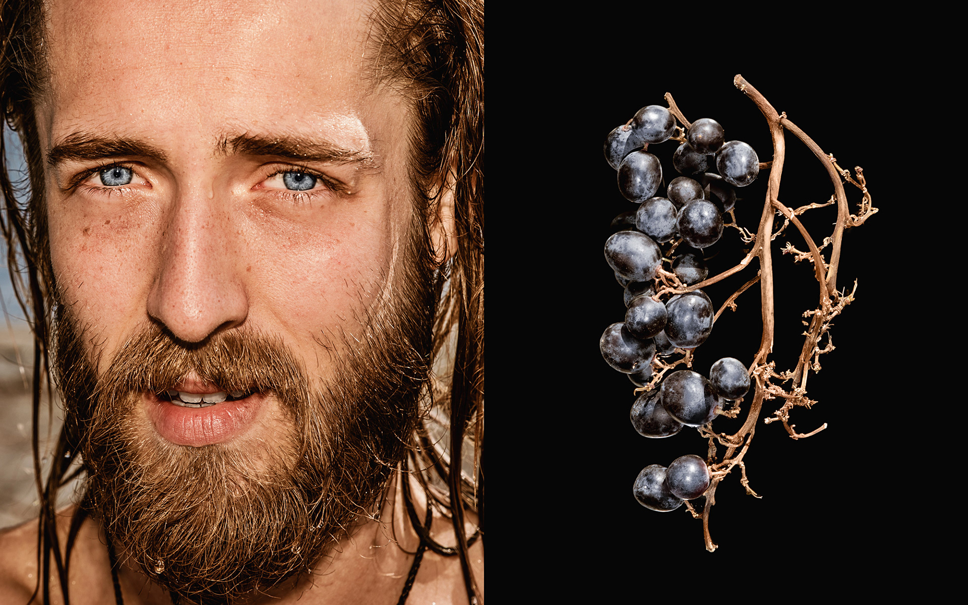 Photographic diptych of a blue eyed man and black grapes