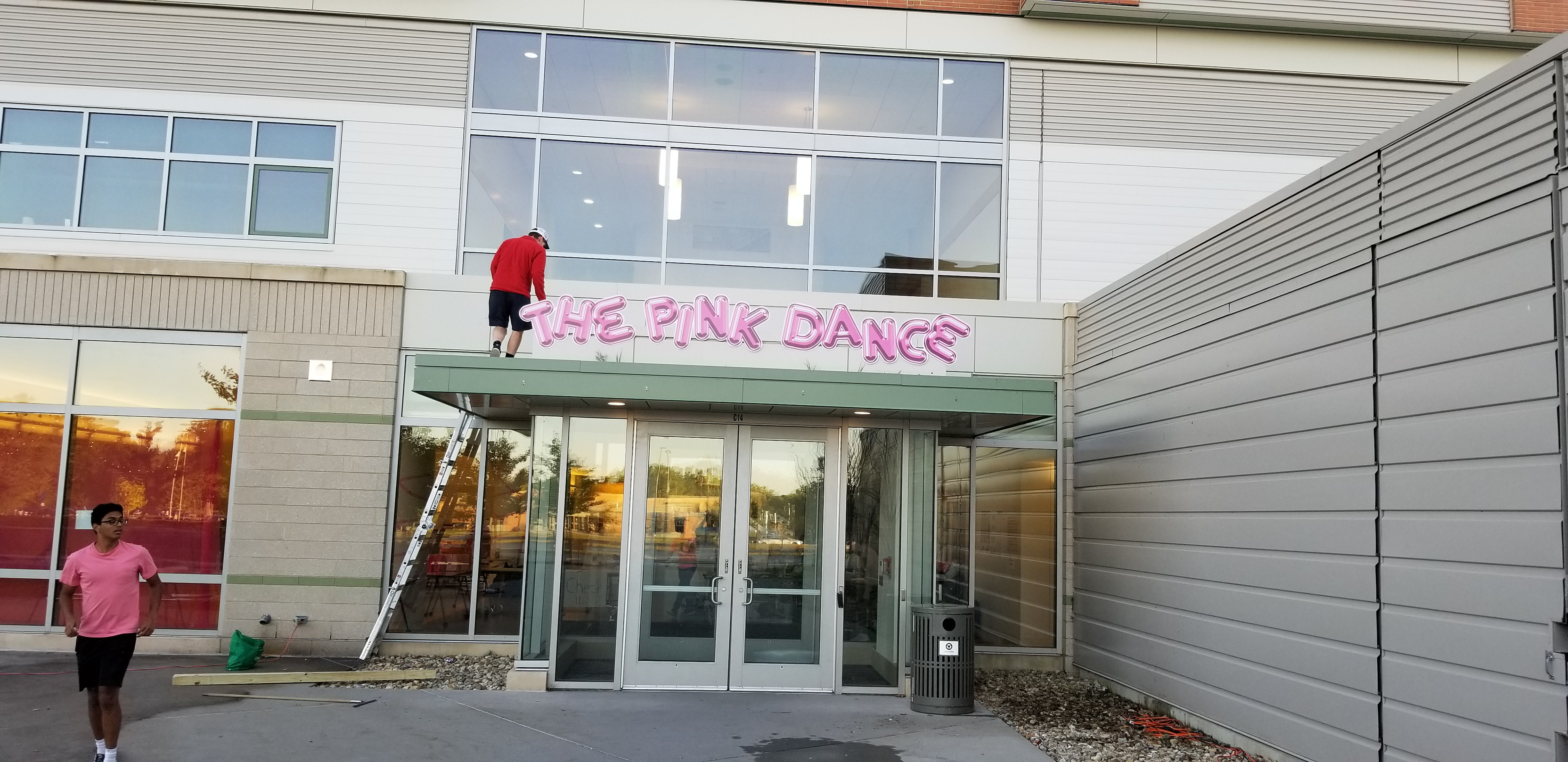 Installation of The Pink Dance entrance at Concord-Carlisle High School. (See night video after photo grid)