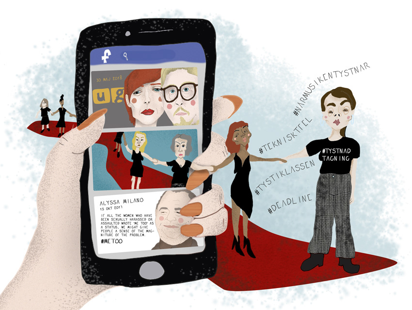 Allt om Metoo Skoluppgift Berghs SoC. Uppgiften var att illustrera till ett fiktivt reportage vid namn ”allt om metod”. Jag ville symbolisera en modern tidslinje i form av ett facebookflöde. Jag ville även få med det interaktiva perspektivet i kampen och den aktiva handlingen av att dela och dokumentera.