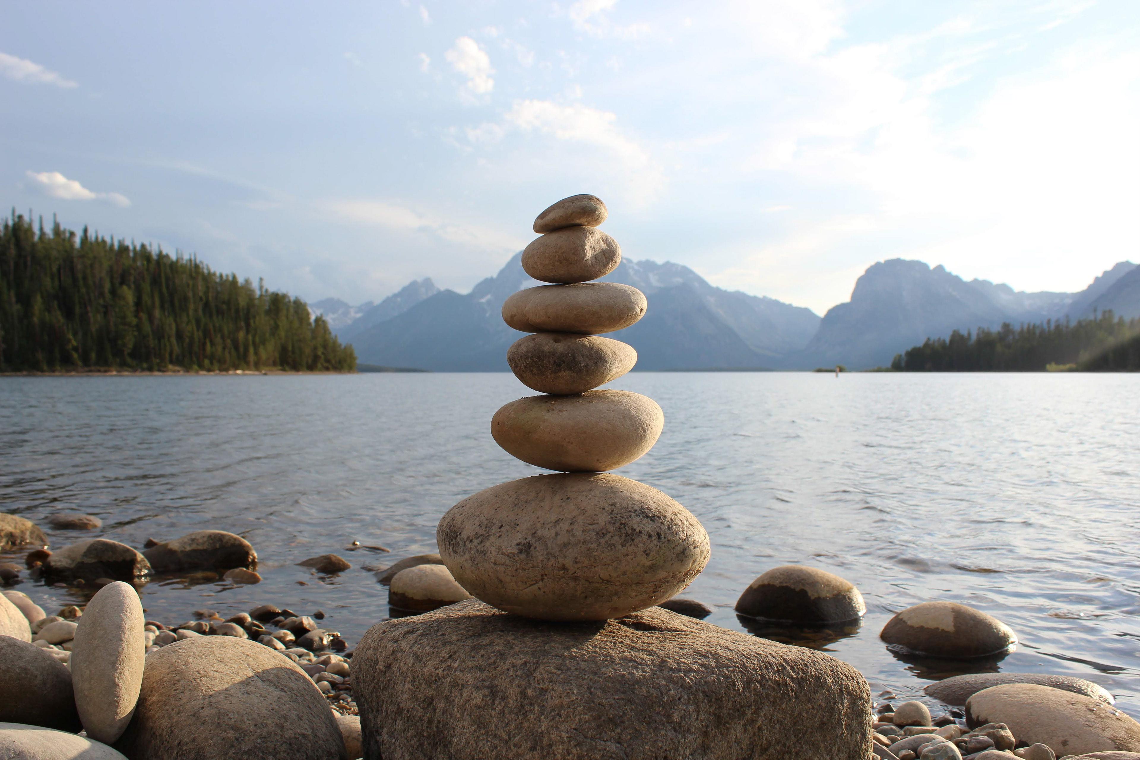Rock cairn on lakeshore in Colter Bay
