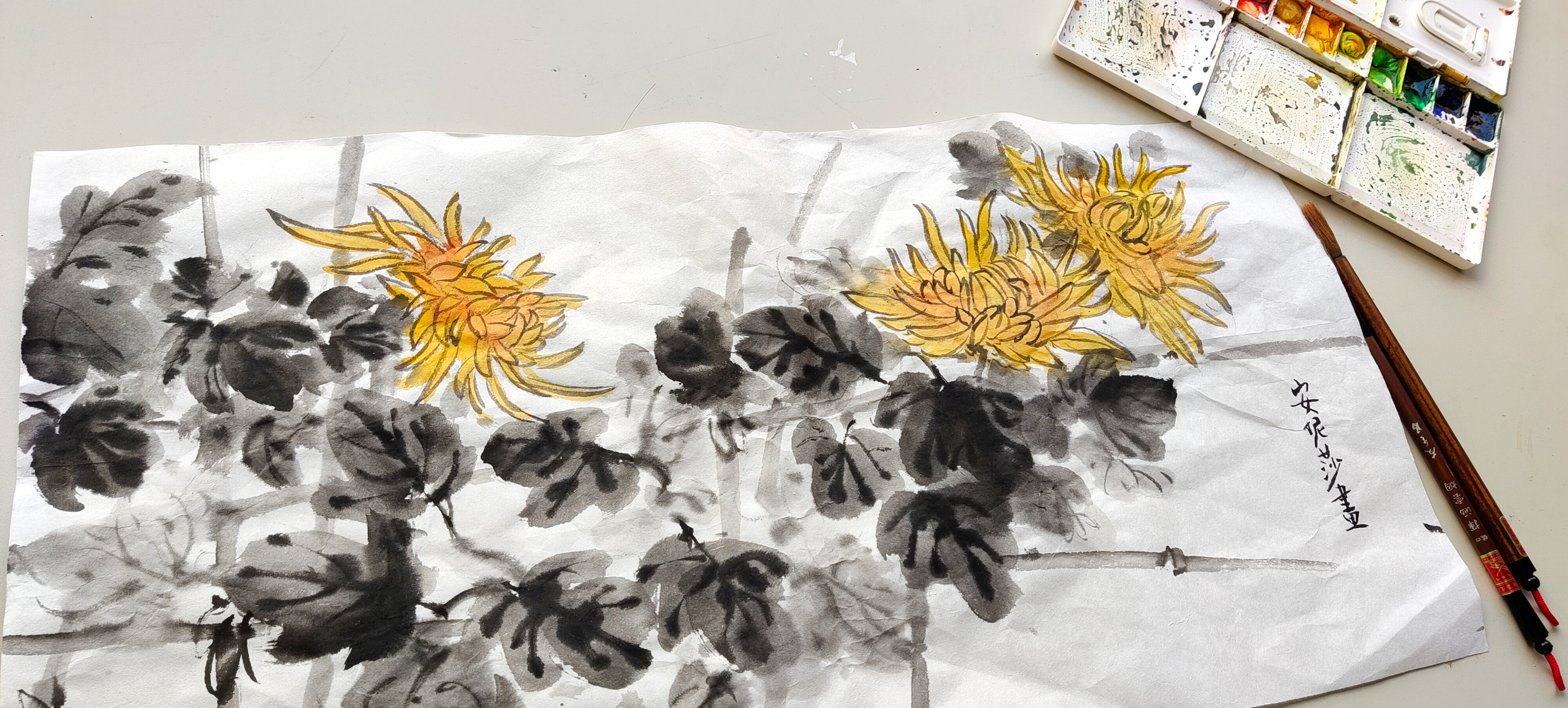 Chinese Watercolor Flowers and leafs