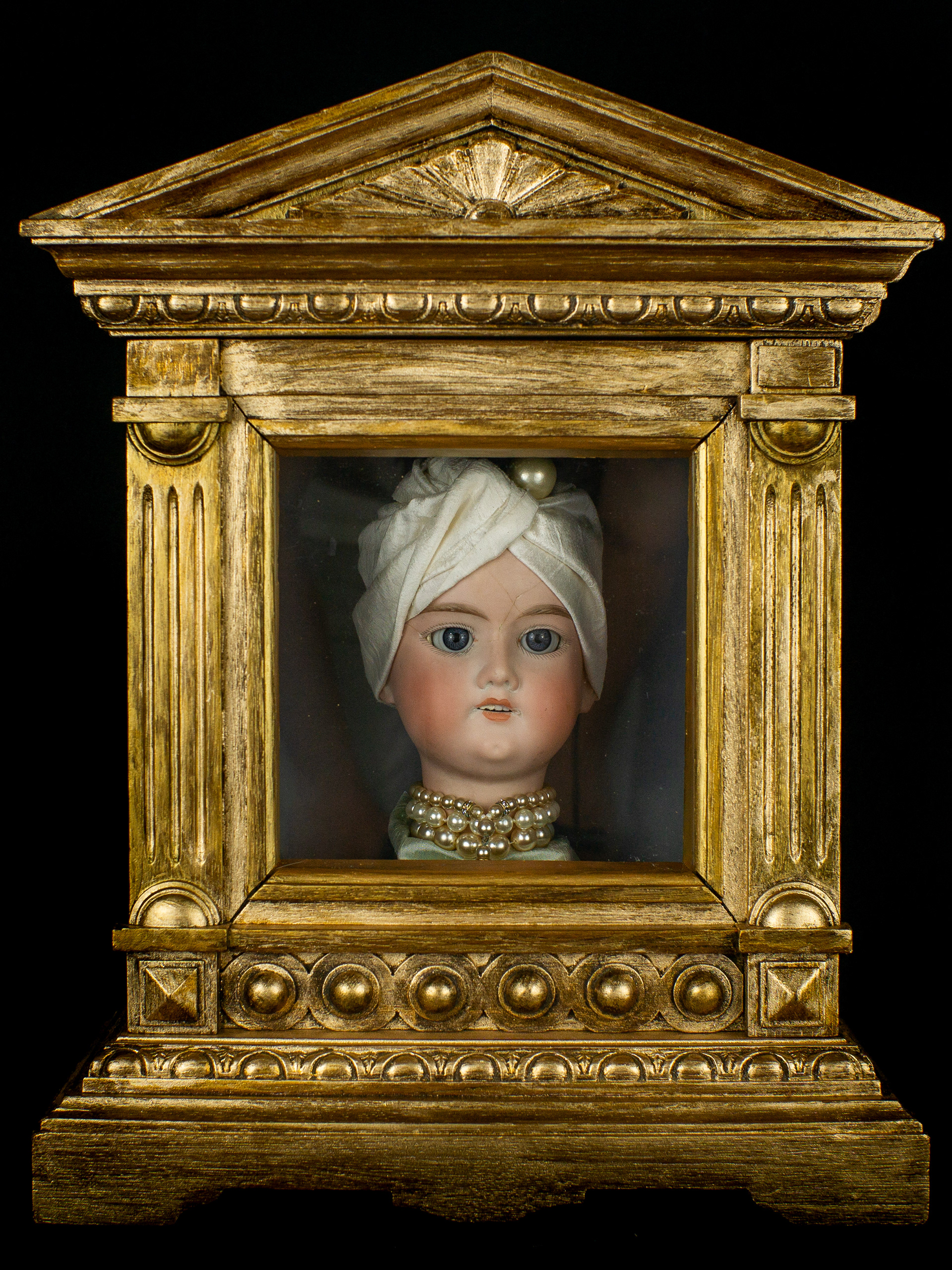 All Dressed Up (And Nowhere To Go) - Antique wooden case, antique bisque doll’s head (Amande Marseille 1900 German), silk, vintage glass jewellery. 40 x 31 x 18