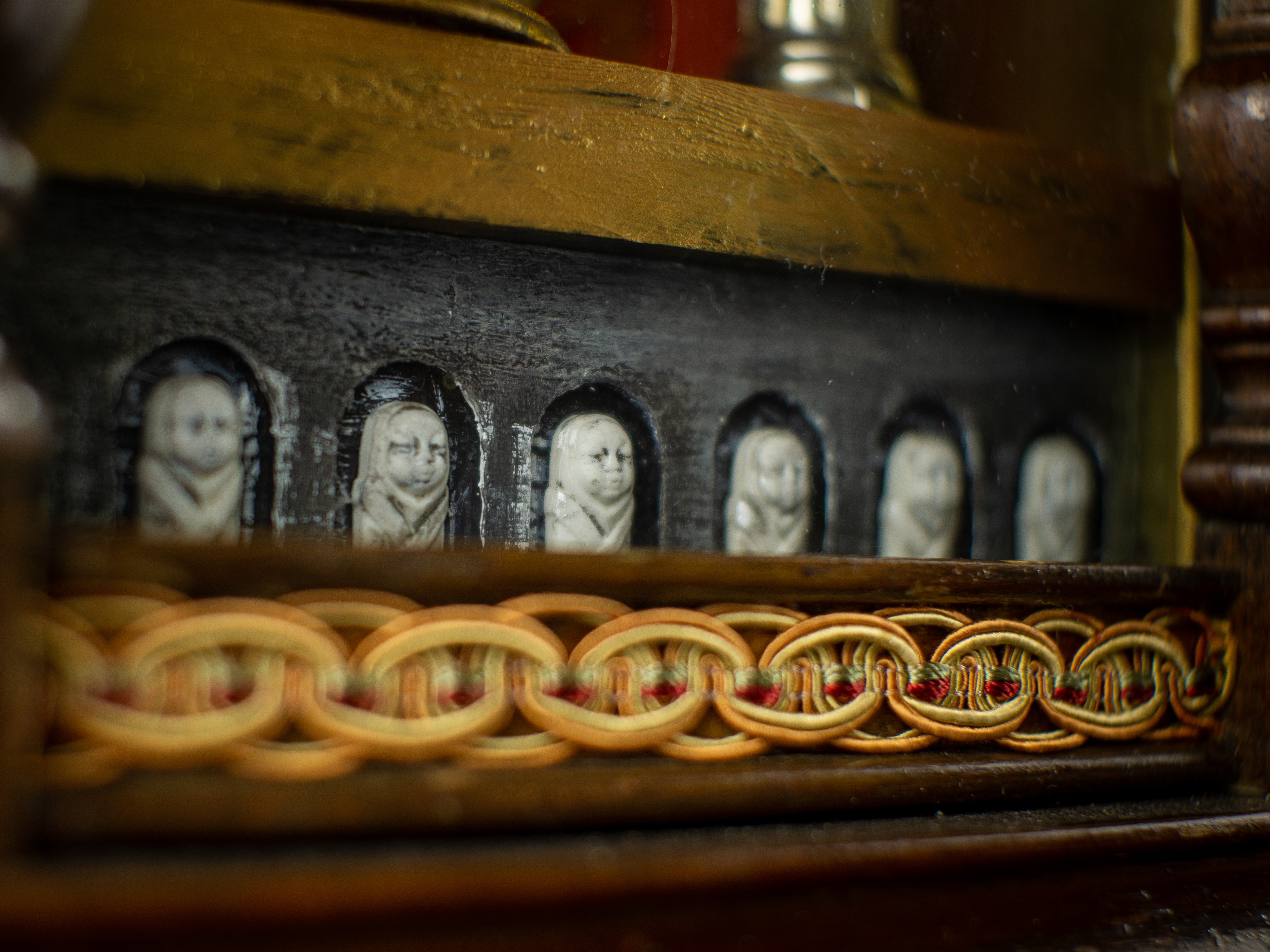 The Vanishing Act - Antique wooden case, antique gilded metal figure, silver, lapis lazuli, amethyst, bisque figures, mixed metals, vintage and antique textiles. 50 x 26 x 13