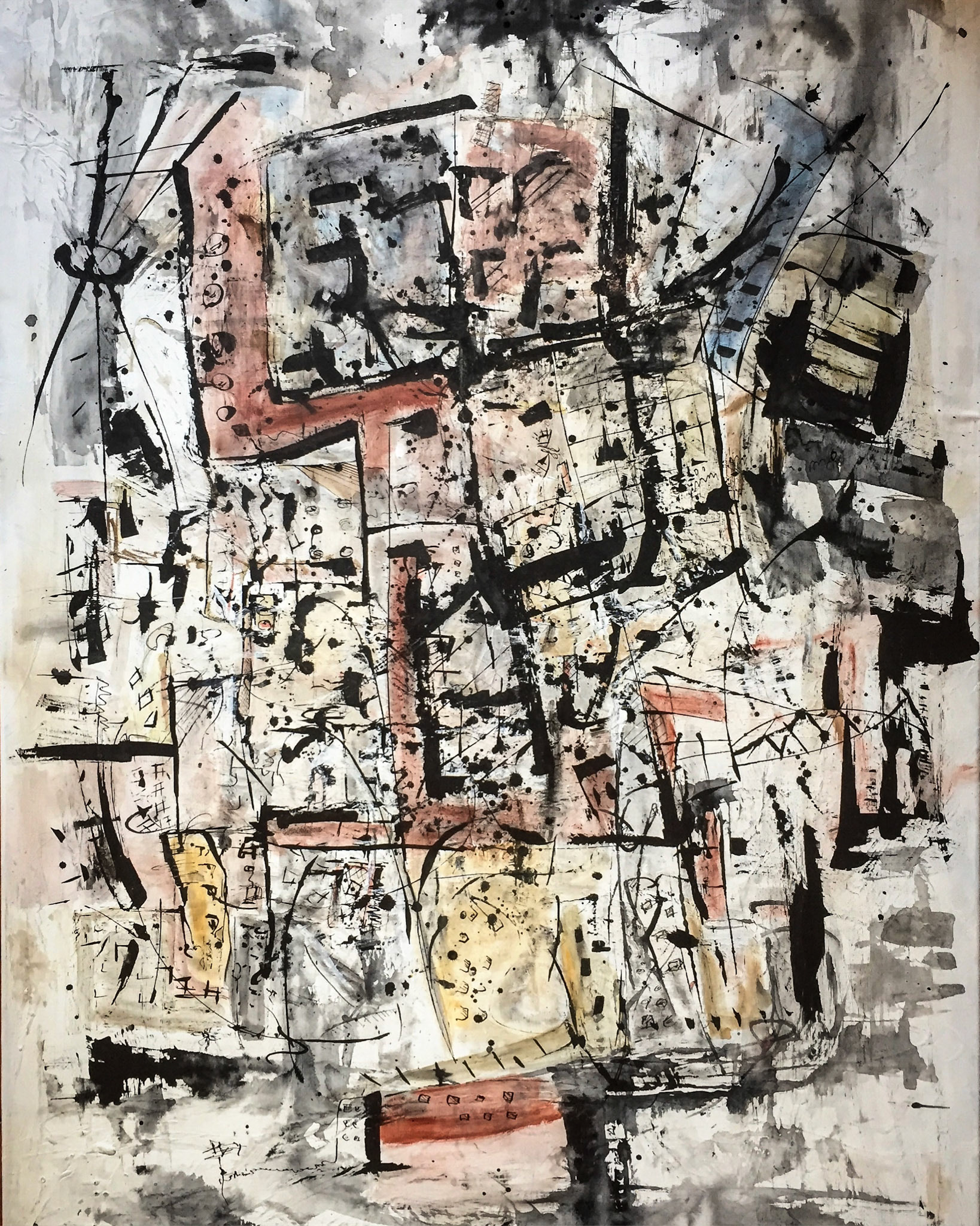 "Nubes de angustia sobre la ciudad". Indian ink and natural pigments on canvas. 180x100 cm