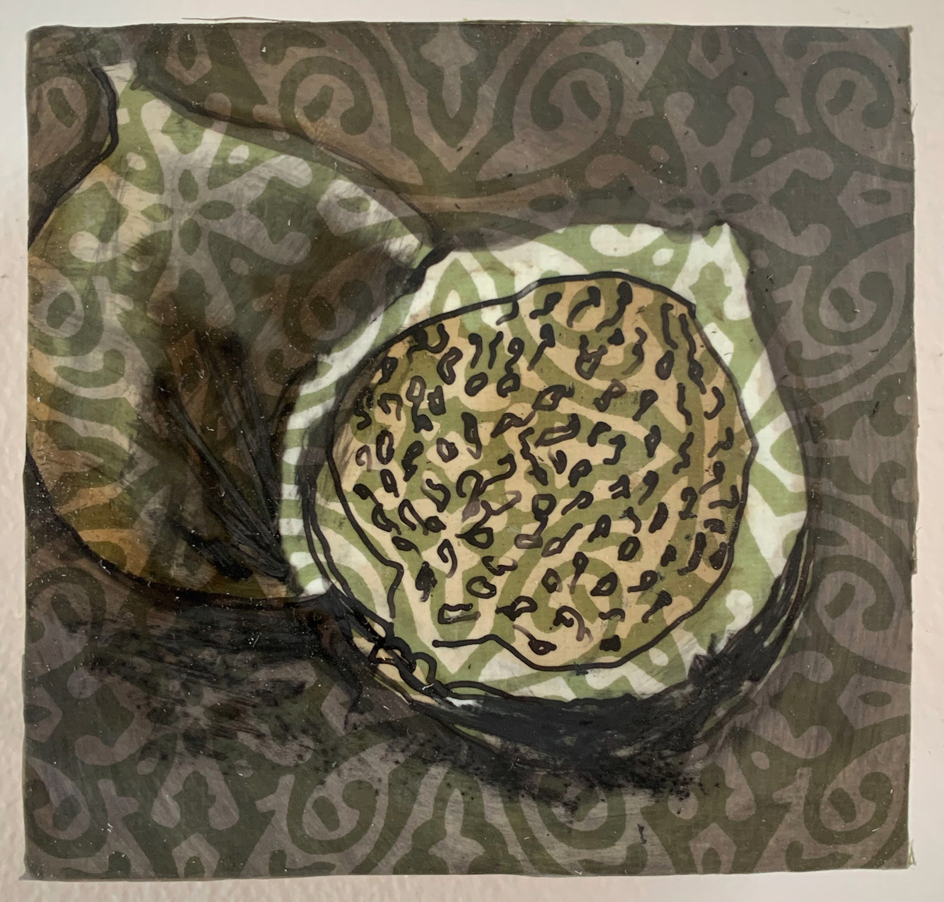 Two Figs. Ink, Charcoal, Tar & Screen print, vellum mounted on panel. 4" x 4"