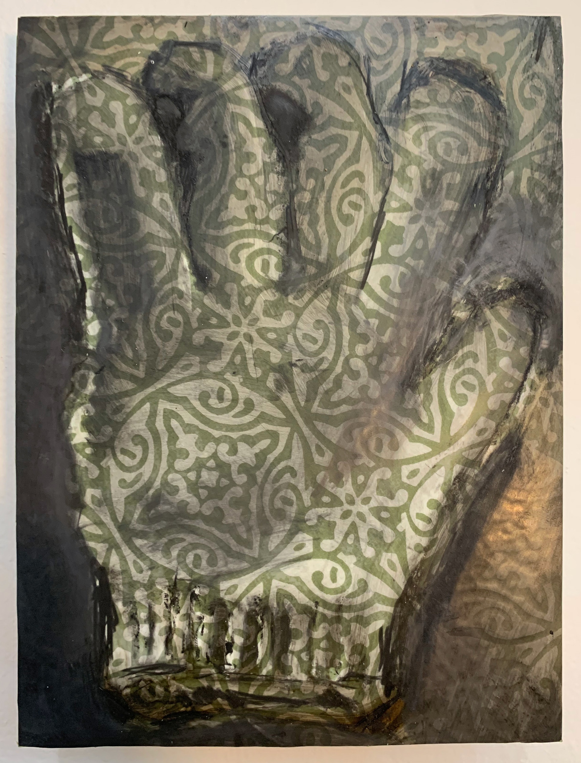 Palm Side Up (left). Ink, Charcoal, Tar & Screen print, vellum mounted on panel. 6" x 8"