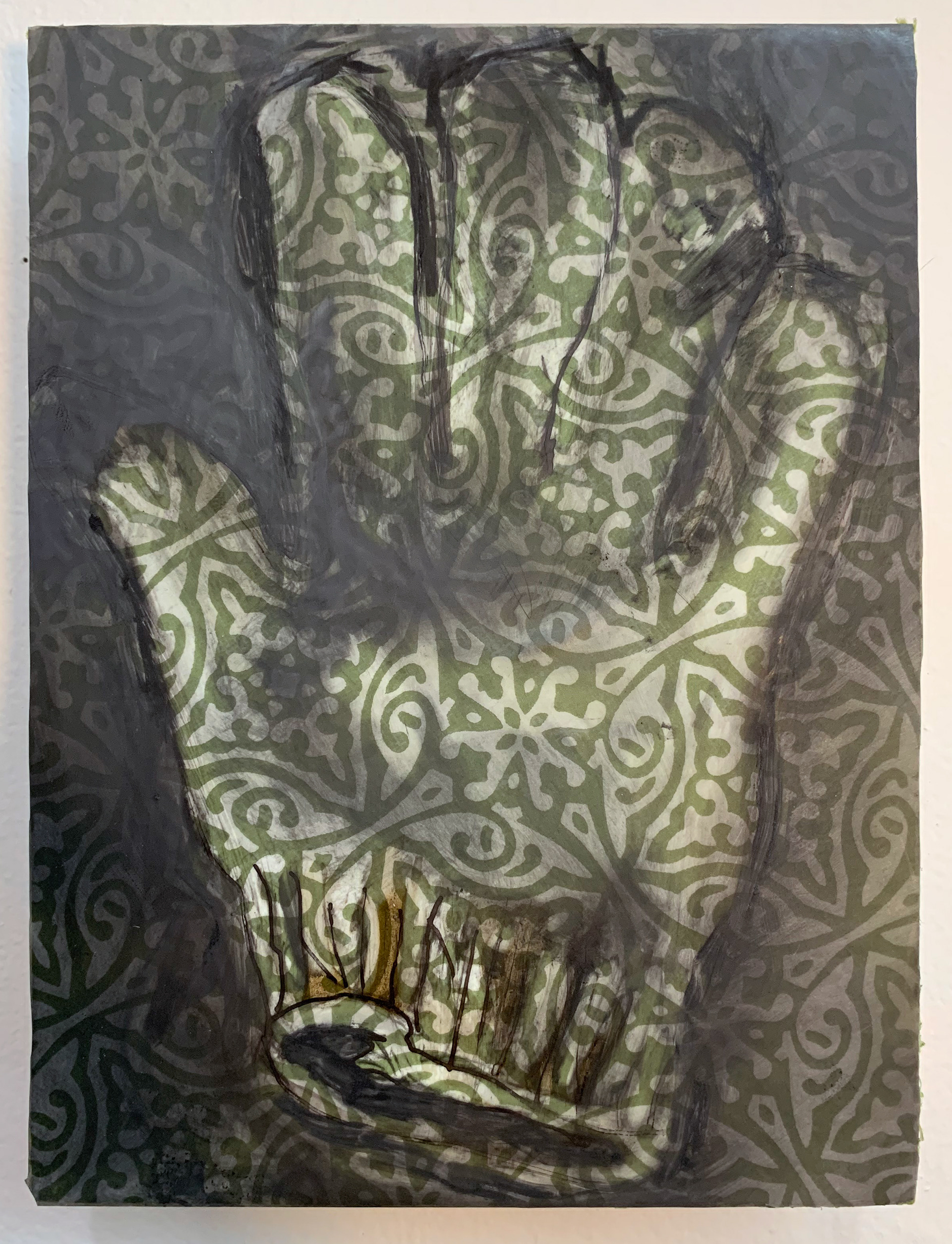 Palm Side Up (right). Ink, Charcoal, Tar & Screen print, vellum mounted on panel. 6" x 8"