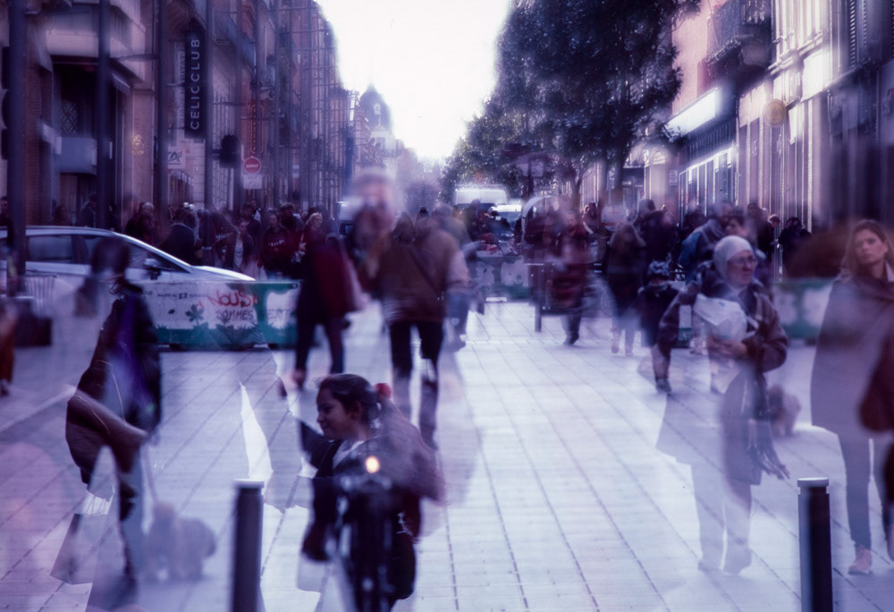 Toulouse Rush | Pentax 645N, Fuji Velvia? 100-120, Quadruple Exposure, Multiple focus planes