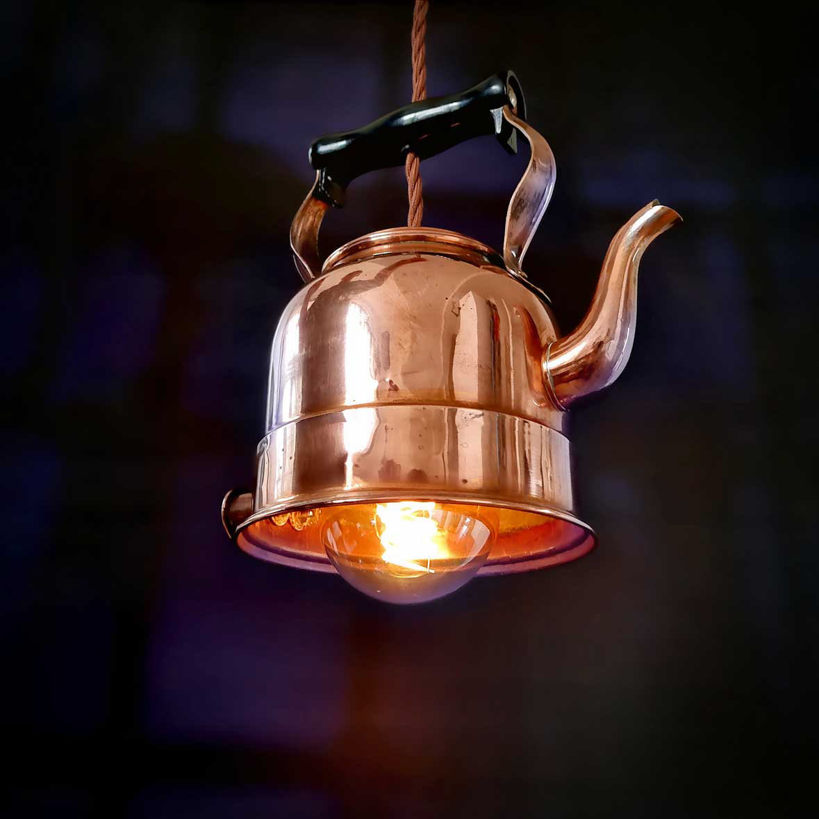 Upcycled copper kettle pendant light