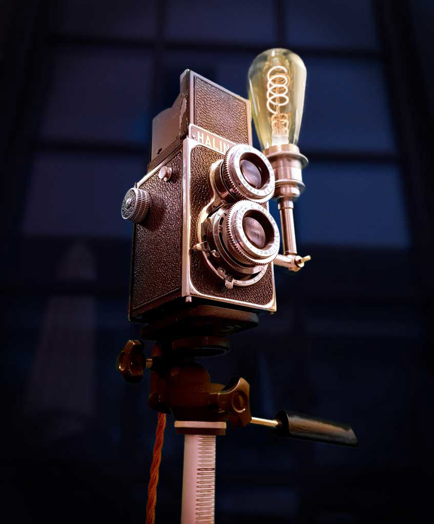 Upcycled vintage camera lamp