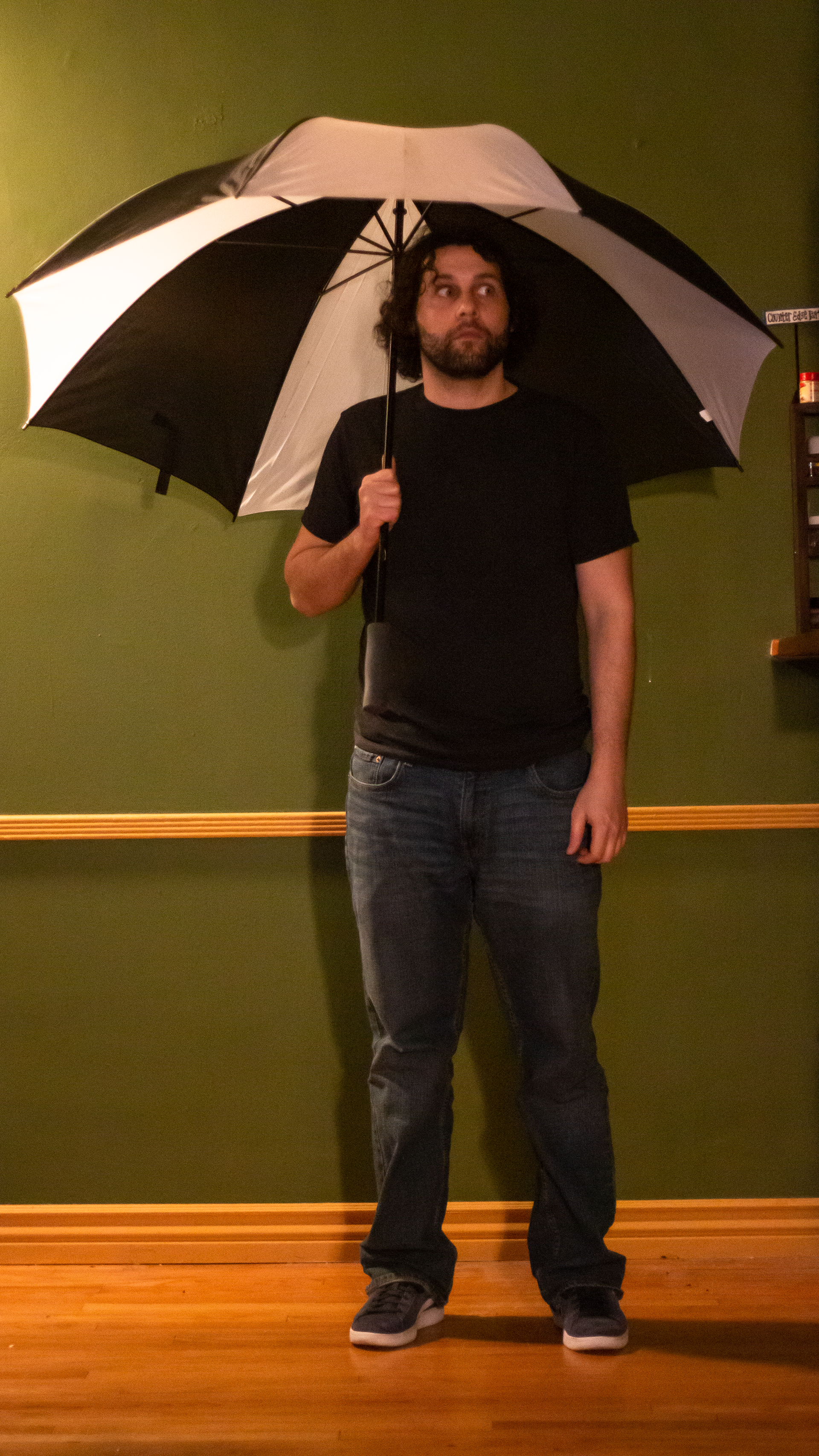 Just in the house with an open umbrella. Makin mom proud.