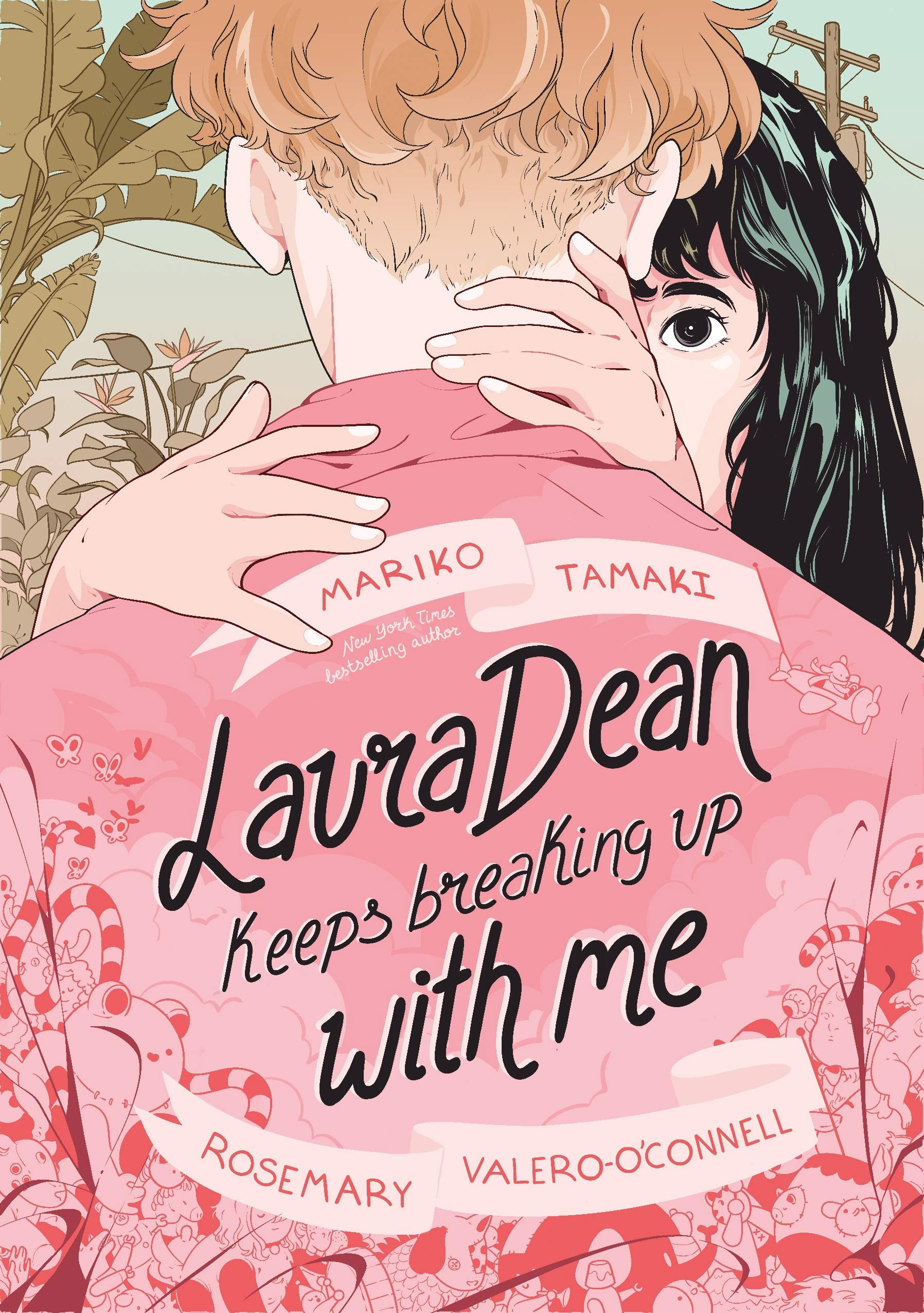 Book cover: A person with short blond hair is wearing a pink jacket facing away. Facing her is a girl with black hair holding the pink jacket girl's neck and peaking over her shoulder.