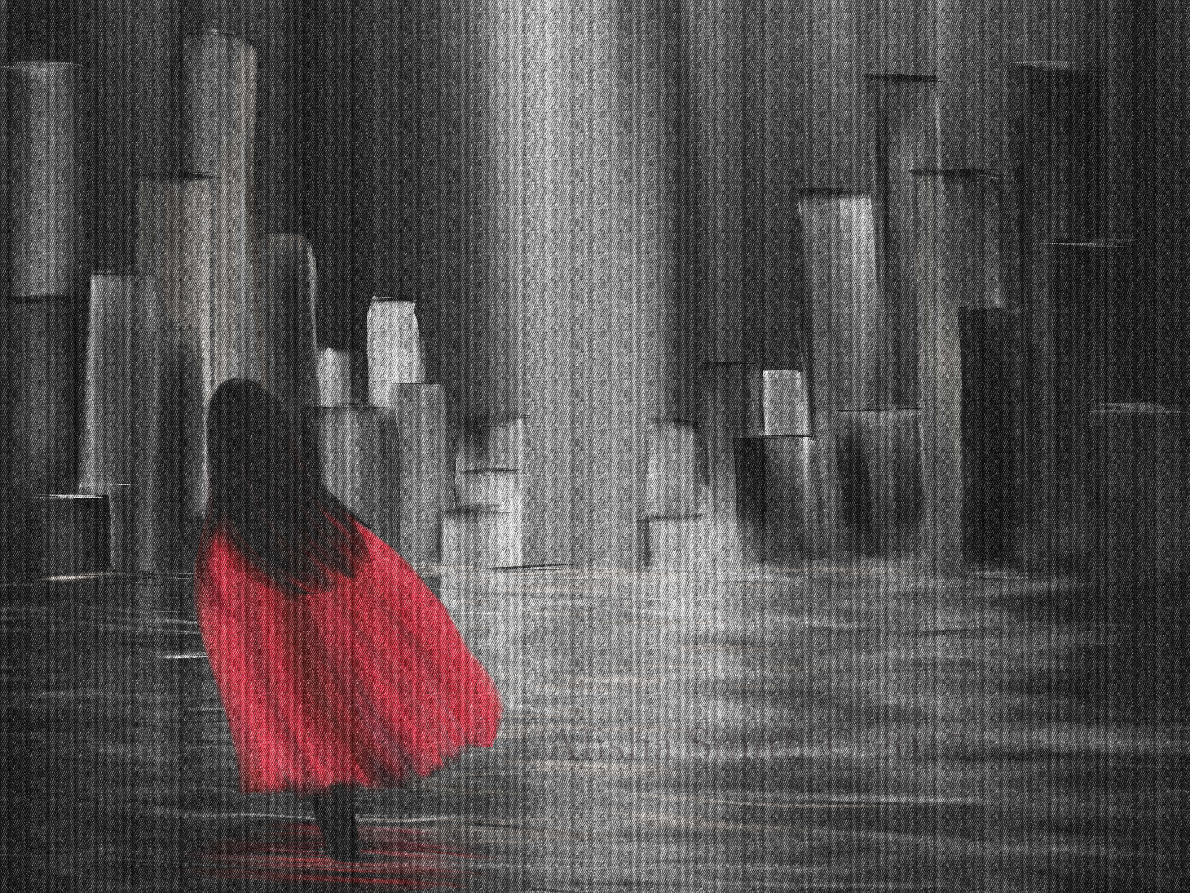 Girl with a Red Cape July 23, 2017   Done by using a tutorial video on Youtube by Painting with Jane. Wanted to just do a simple painting to clear the mind and relax. Love the dark colors with just the bright red cape as a color that pops out.