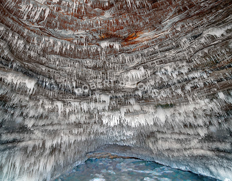 Ice cave, room, seeping water, frozen, minerals, Grand Island, limestone, Munising, Michigan, Lake Superior, little icicles, winter