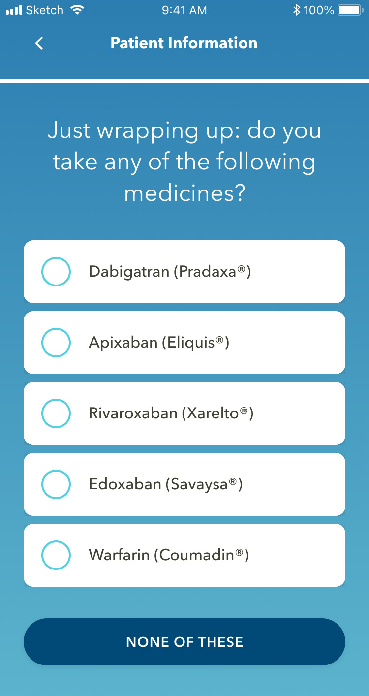 A screen with visual and verbal indications that the current progression of questions is ending, along with several buttons with the names of medicines that you can check (if you take them)