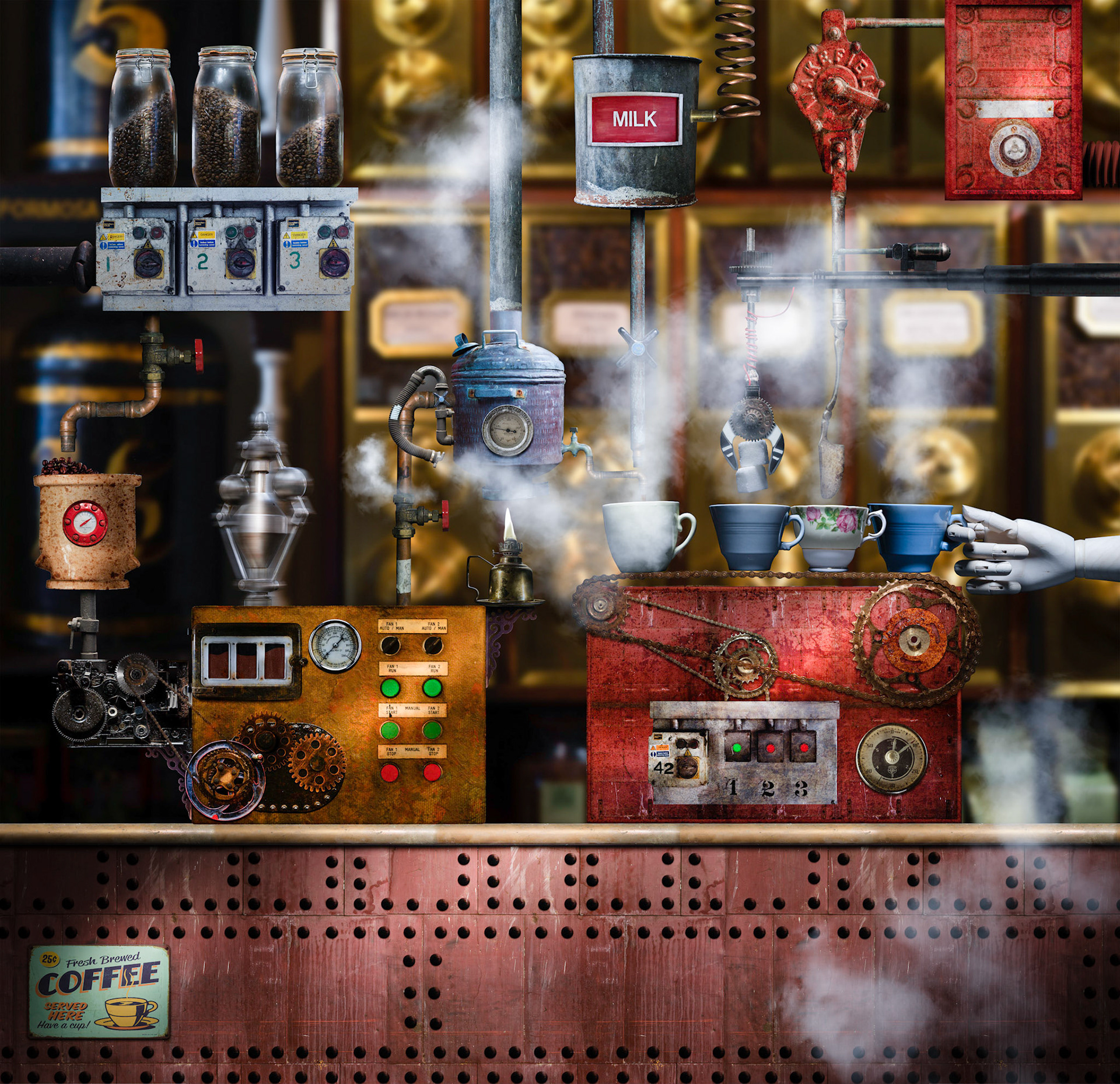 Automated Barista: There are many different kinds of coffee maker out there but you might not have seen one like this before. You can select your bean blend and have the Barista grind and gurgle to perfection before adding water, sugar and milk to your taste. We use china cups with this model as we are very environmentally aware.