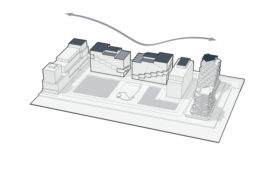 Siteplan Connection: The top levels of C1 and C2 reach the same height as the surrounding buildings, blending into the local skyline and integrating themselves into the fabric of the area. The dip in floor levels created by the terraces indicate the entrance into the Bayside area.
