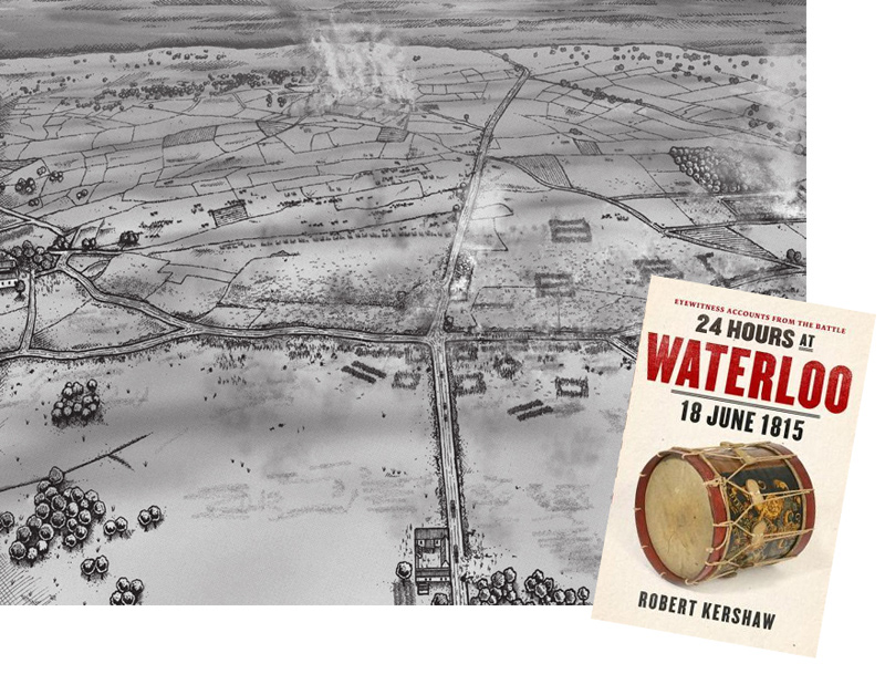 One of a series of five battlefield maps illustrating the progress of the Battle of Waterloo for '24 Hours at Waterloo: 18 June 1815' by Robert Kershaw. Client: WH Allen (2015)