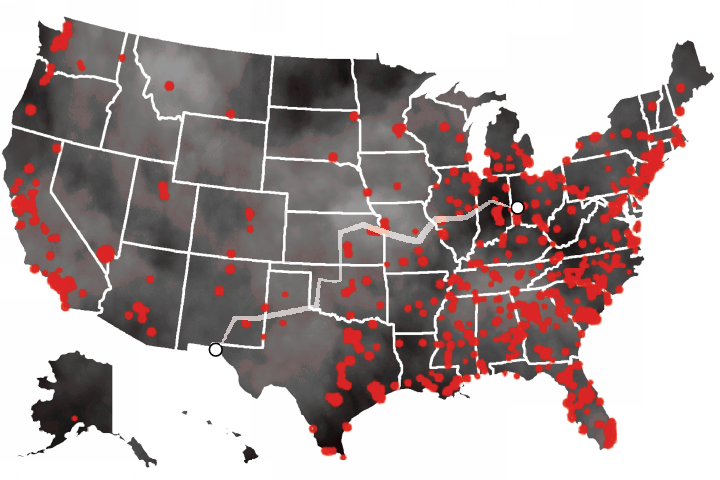 Location of Mass Shooting Events in U.S. in 2019