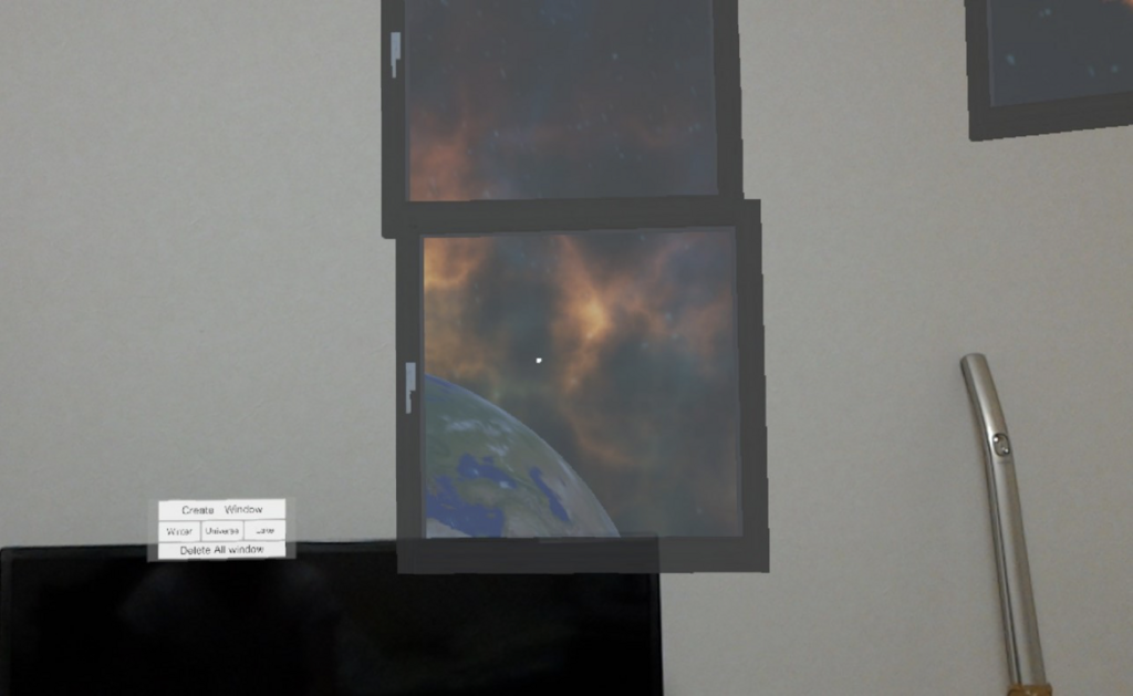 Yasuhide Hirohata「バーチャルウィンドウ」皆さんは宇宙や地球を窓から眺めてみたことはありますか?夏に、窓の外の景色を雪山にして気分だけでも涼しくなりたくないですか?このコンテンツは、窓を壁に自由に貼り付けることができ、外の景色を変えることができるものです。是非一度体験していって下さい。