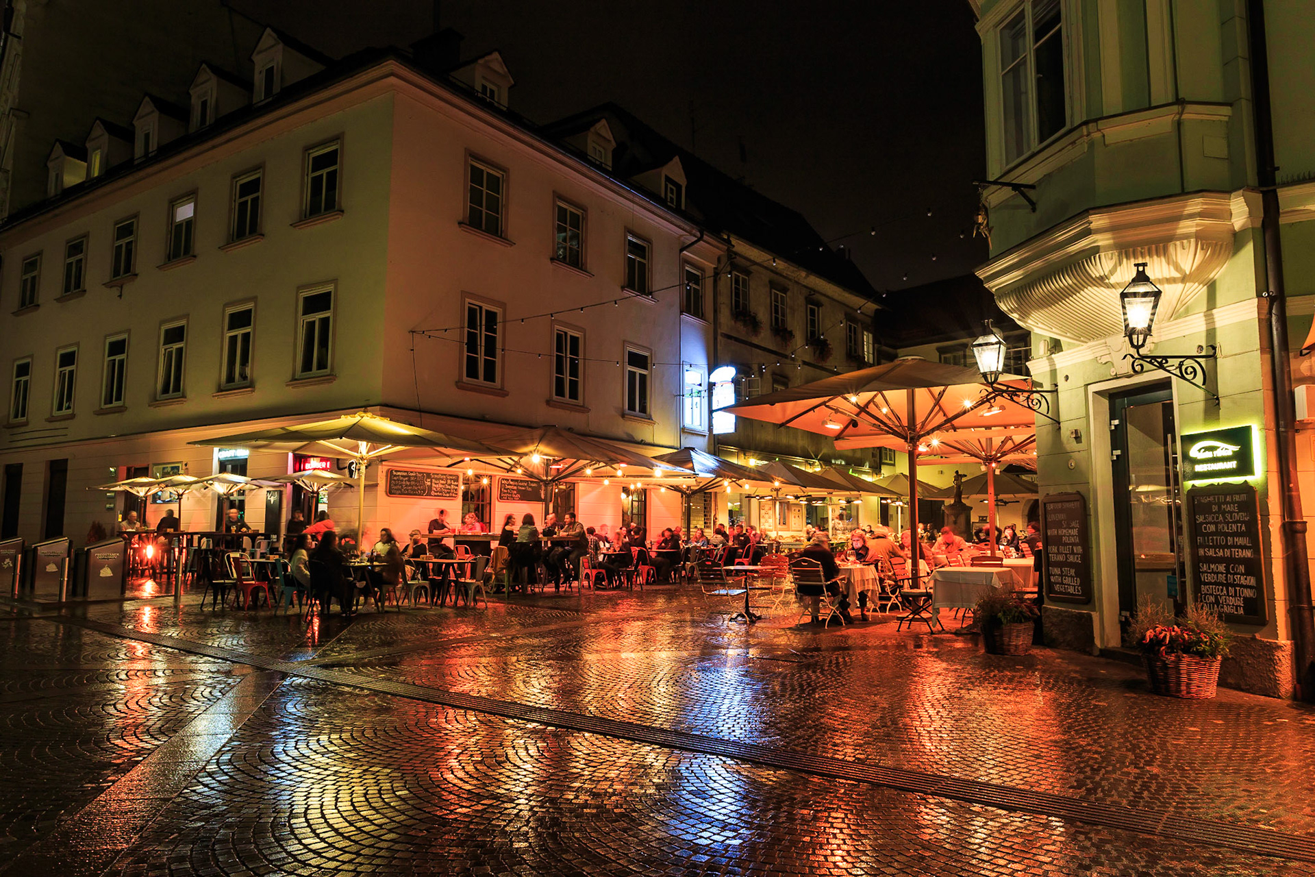 Outdoor dining on a Rainy night in Ljubljana