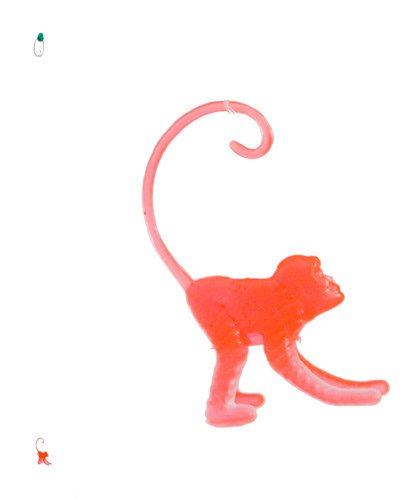 Teased 1998. Plastic monkey, fishing line, metal, push pin. A few inches. Make fun of or attempt to provoke (a person or animal) in a playful way. - Merriam-Webster Dictionary