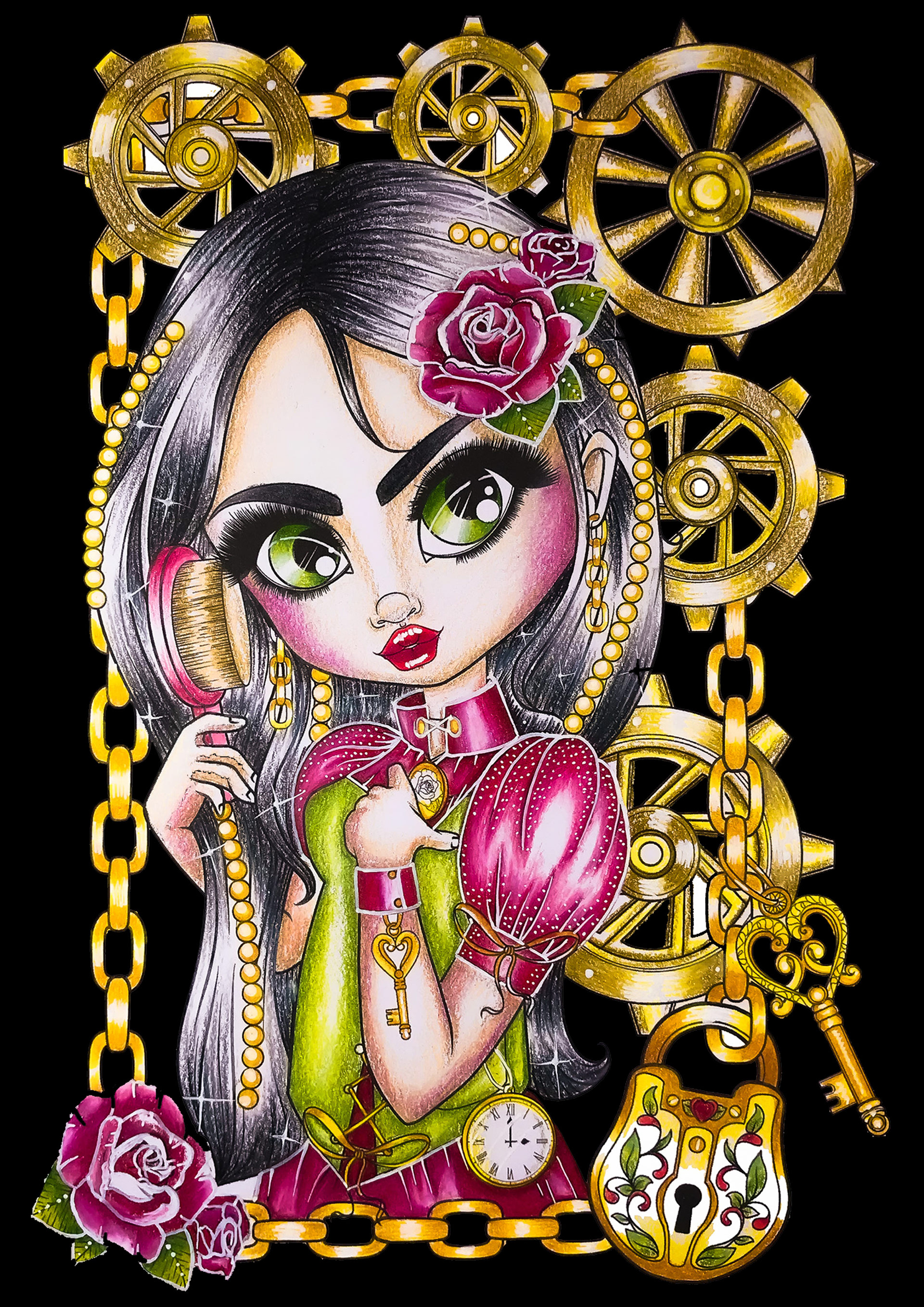 Steampunk Darlings / Wax pencil and digital illustration