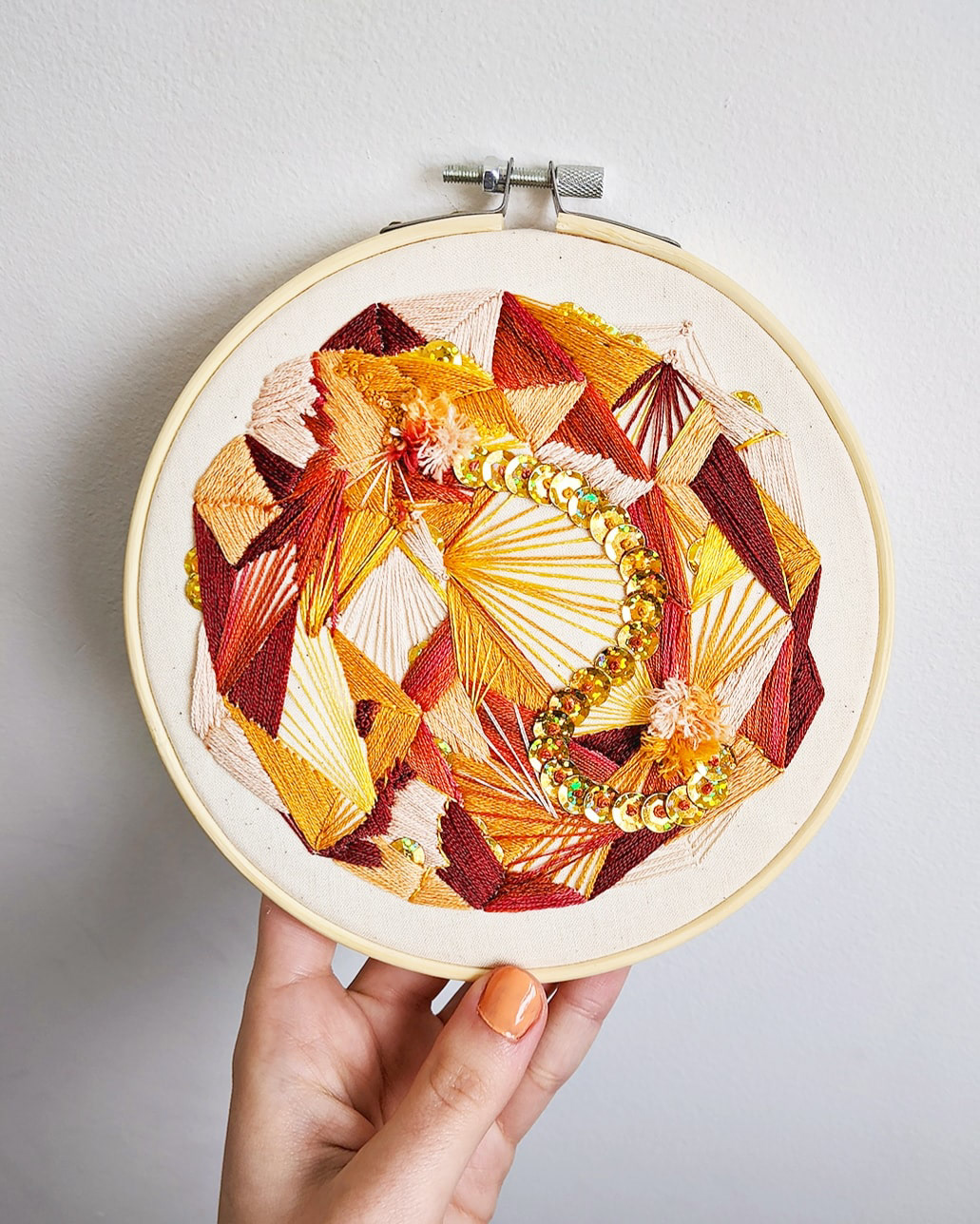 Sunny Day, 7″, Thread & Sequince on Cotton Fabric.