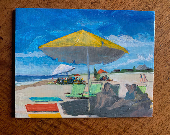 Shady Convo, Oil on Board, 6"x 8", 2021