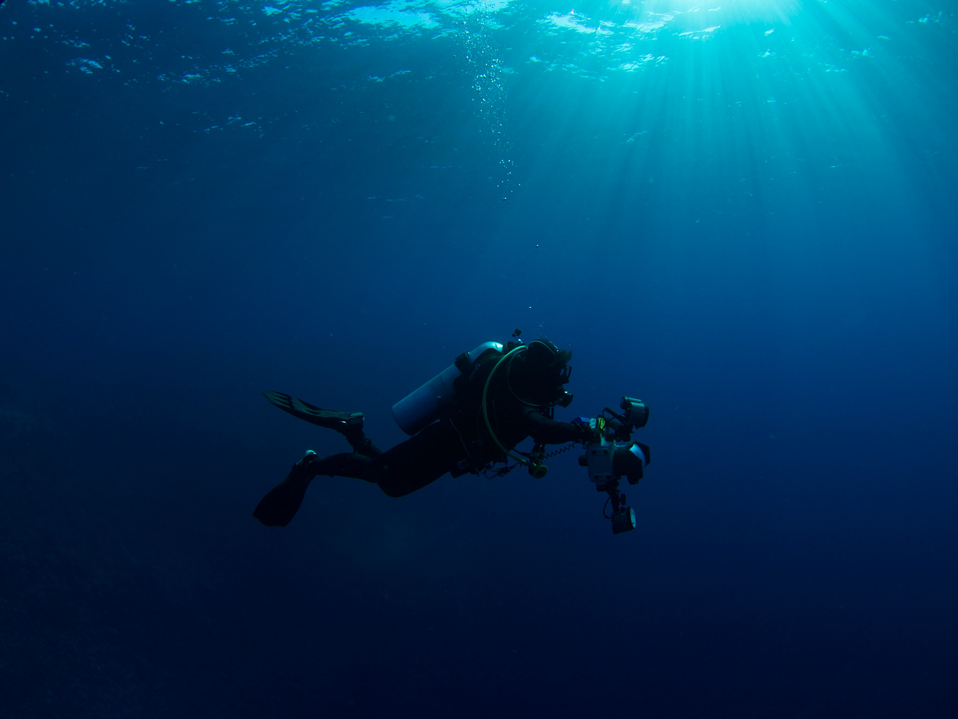 Underwater photographer at dusk, Egypt
